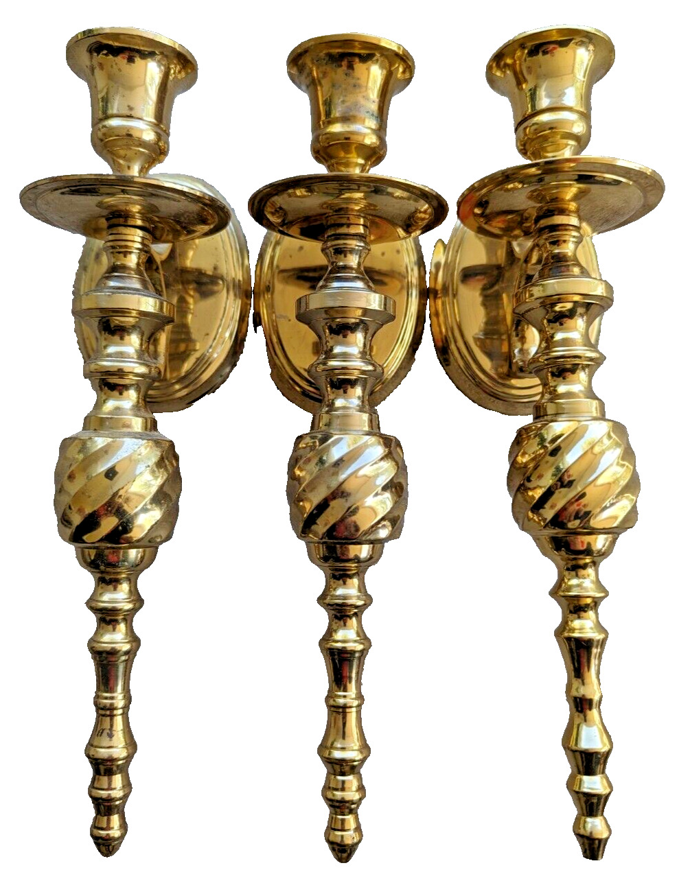 Vintage Set Of Three Solid Lacquered Brass Wall Candle Holders Sconces 10” India