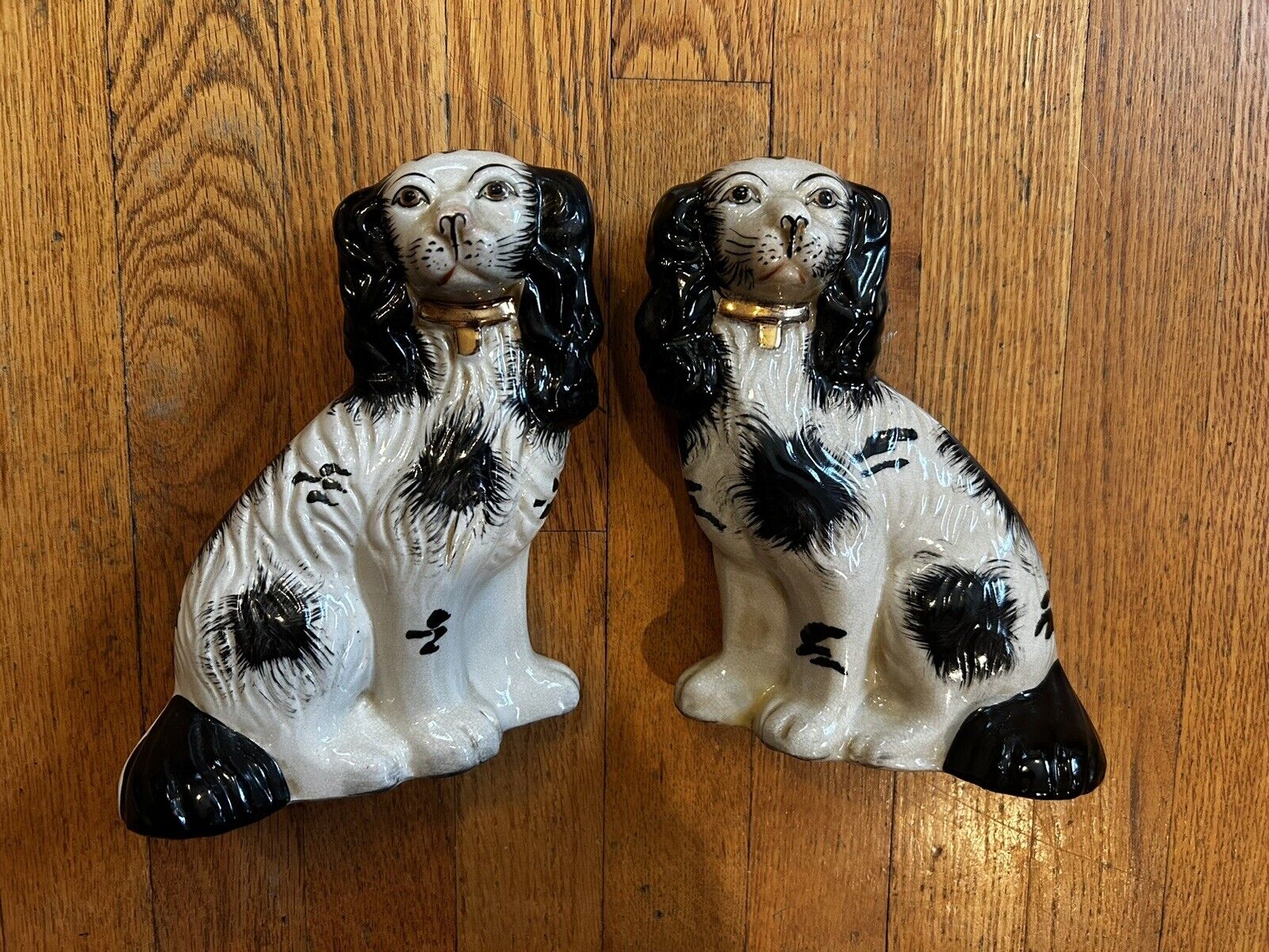 Pair of Vintage Black & White Staffordshire Style Mantle Spaniel Dogs