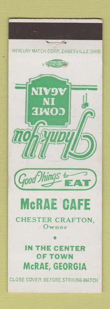Matchbook Cover - McRae Cafe McRae GA