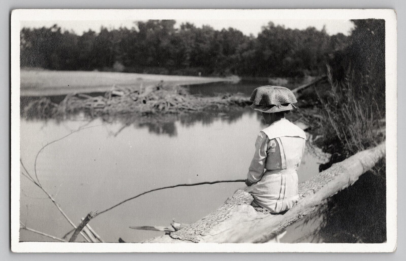 1911 RPPC Photo Woman Girl Back View Fishing Cane Pole Skunk River Washington IA