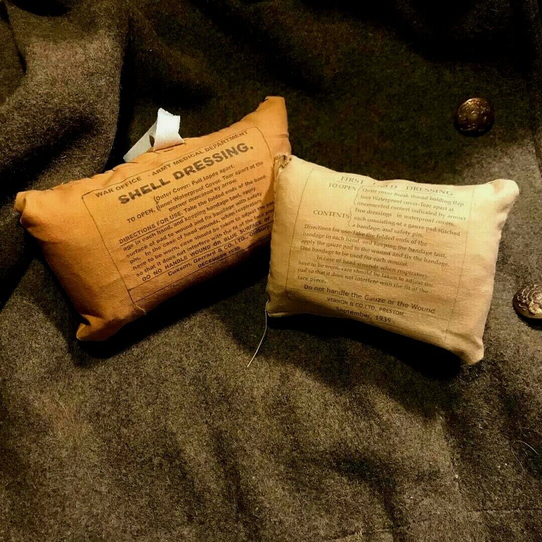 WWII early British Army 1939 cloth First Field Dressing & Shell Dressing set