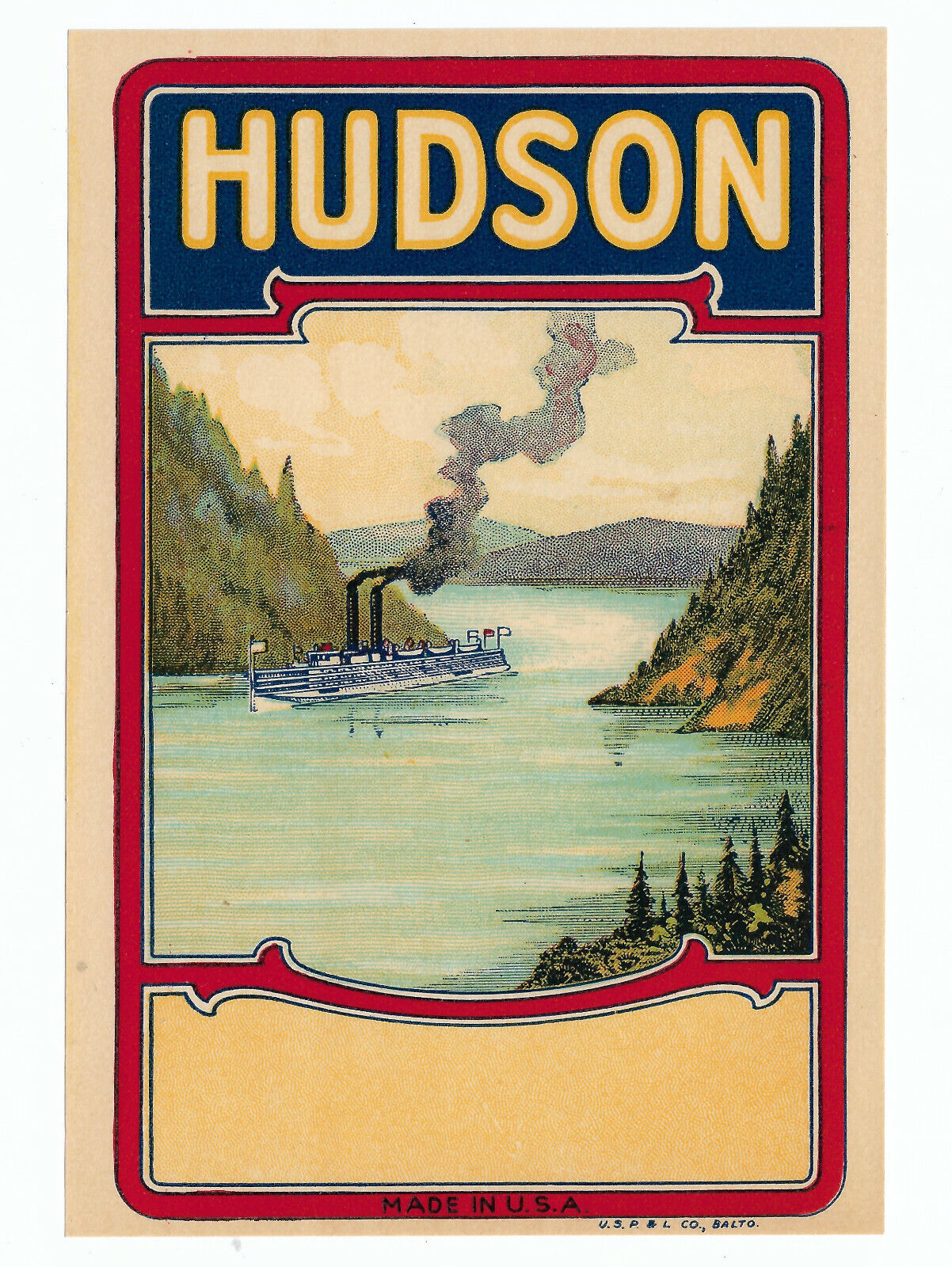 Hudson Vintage Litho Broom Label  Steamer River Cruise Ship USP&L   c 1920s 1930