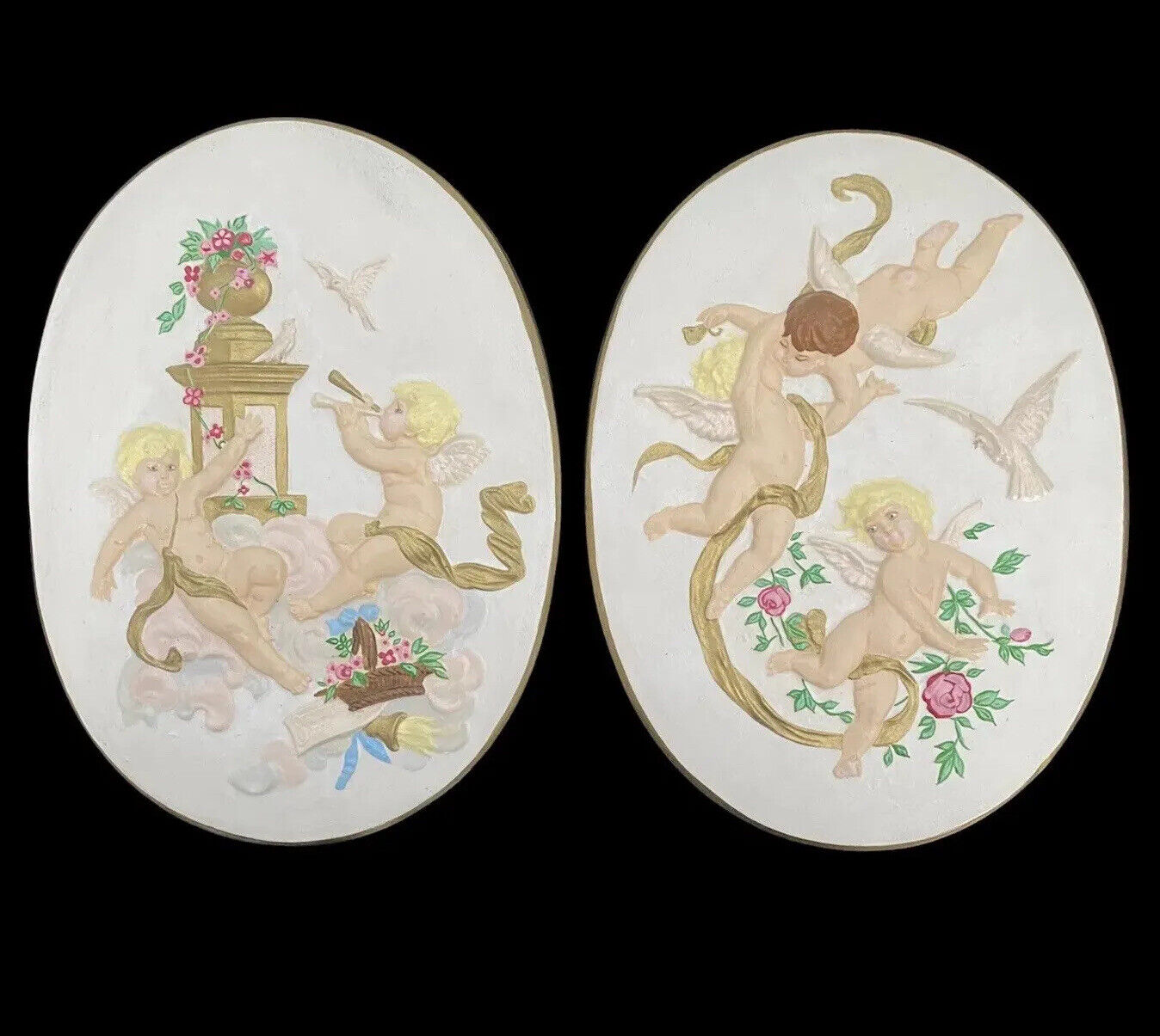 Vintage Mid Century Angel Cherubs Ceramic Wall Plaques Hand Painted Set Of 2
