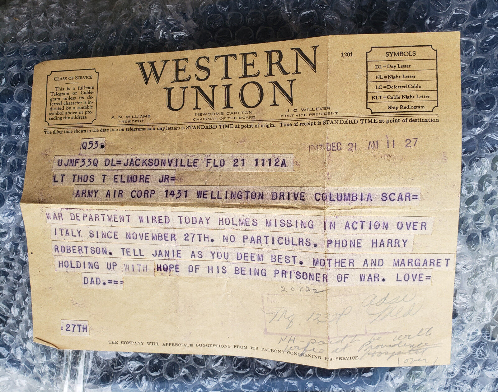 Original WWII US SOLDIER MISSING IN ACTION 1943 WESTERN UNION TELEGRAM SENT HOME