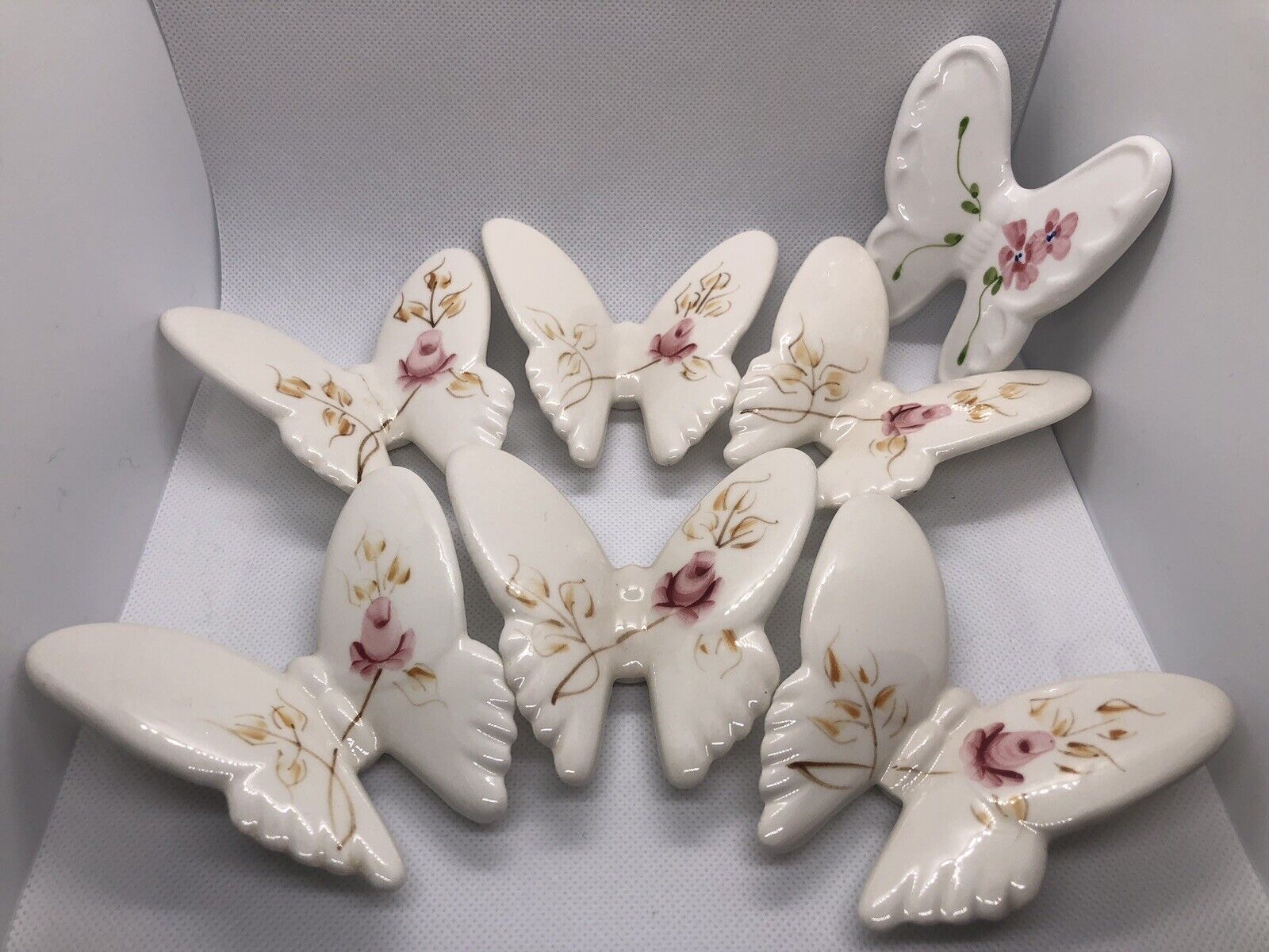 6 Porcelain Butterfly Figurine Wall Hanging Hand Painted White Pink -Lasting USA