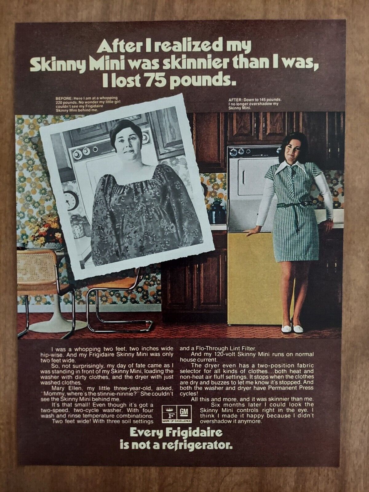 Frigidaire 1972 Vintage Print Ad Skinny Mini Refrigerator 70s Decor