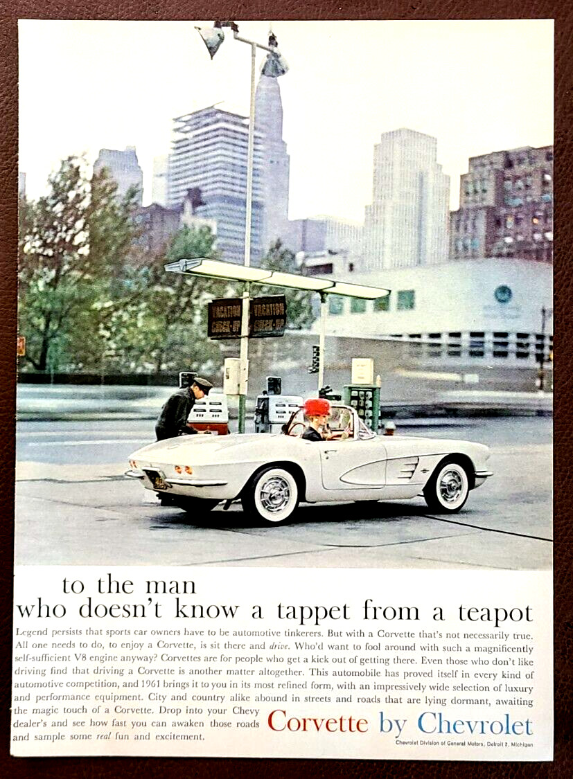 White Chevy Corvette Convertible Original 1961 Vintage Print AD Wall Art
