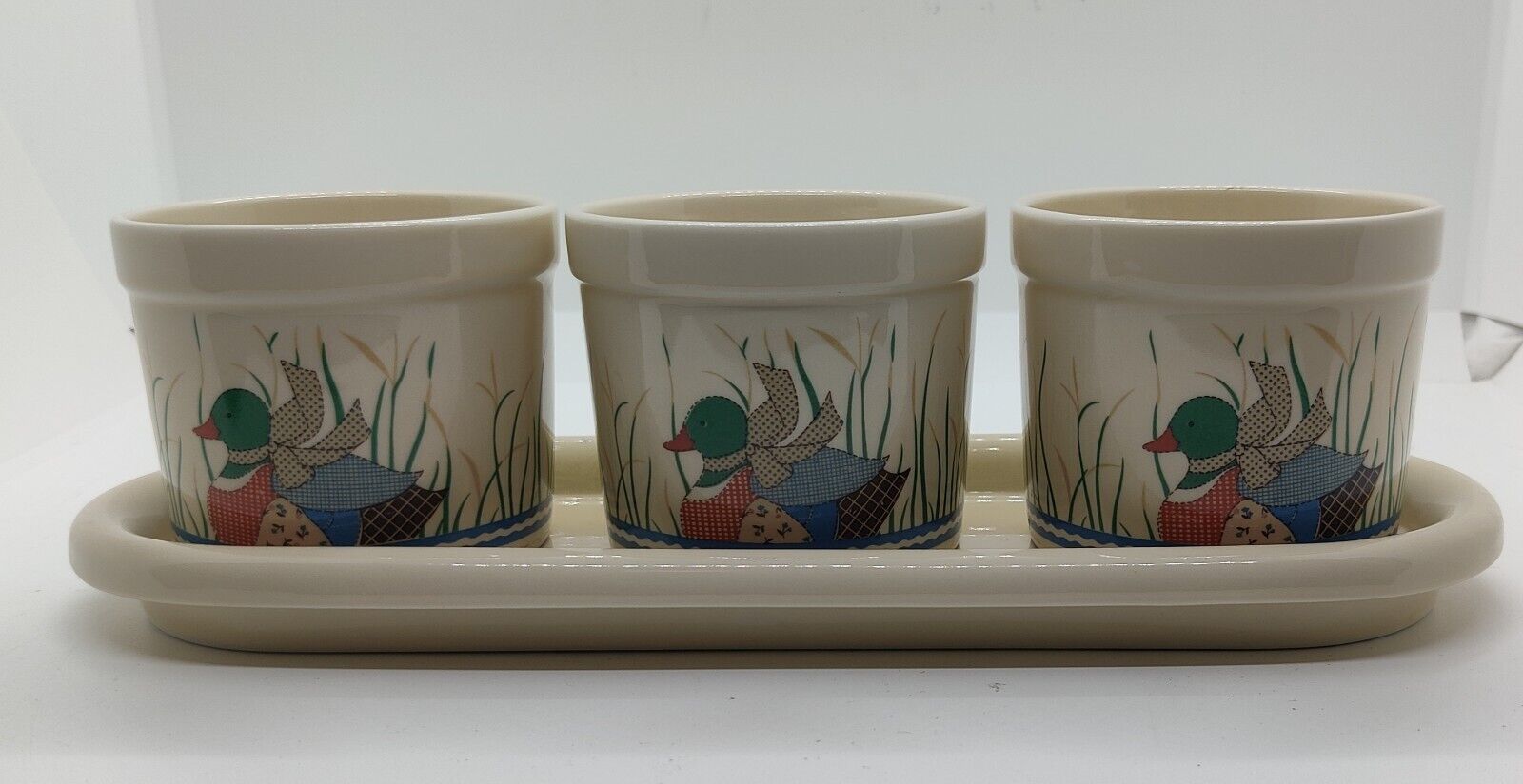 Vintage Set of 3 Ceramic 2.5 inch Round Planters Ducks Mallard Farmhouse Japan 