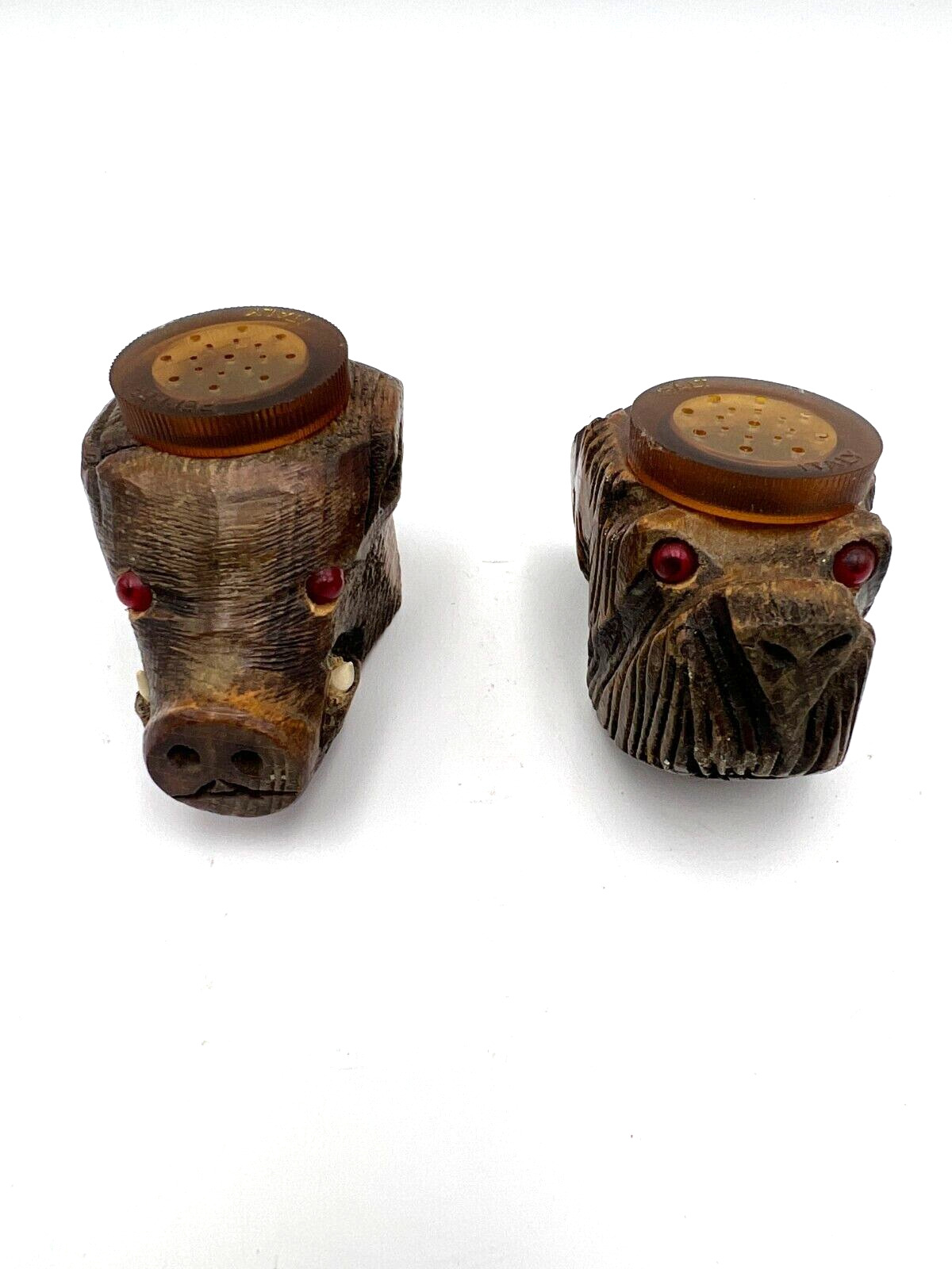 MCM Vintage Italian Salt and Pepper Shakers Carved Wood Boar Dog with Red Eyes