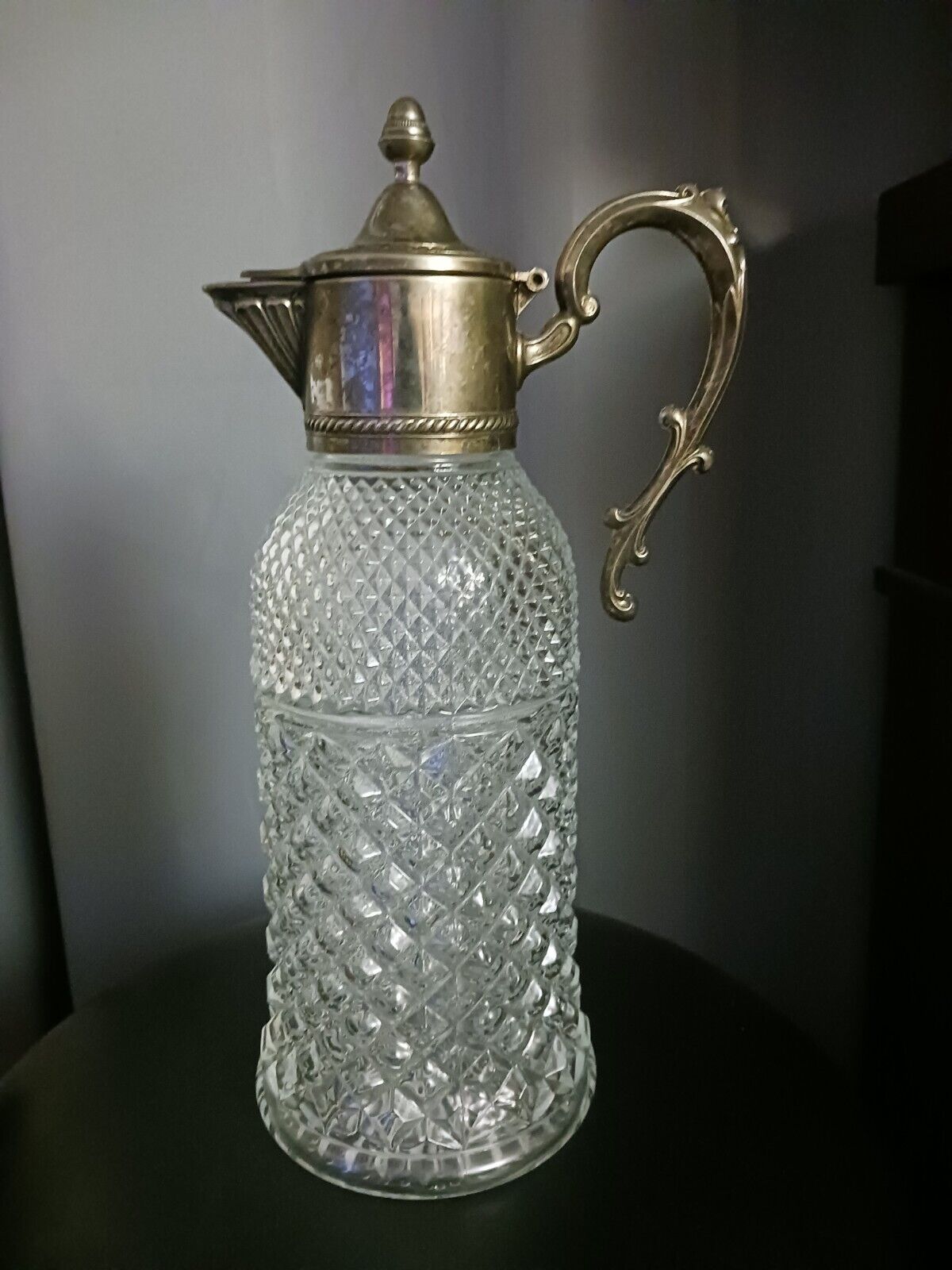 Vtg leonard crystal Pitcher Decanter  Silver Plated Handle/Top Made In Italy