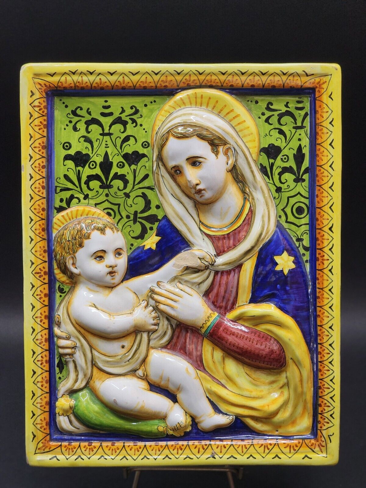 Vintage 3D Virgin And Child Tile Plaque Made By Dervta Has Damage As Shown