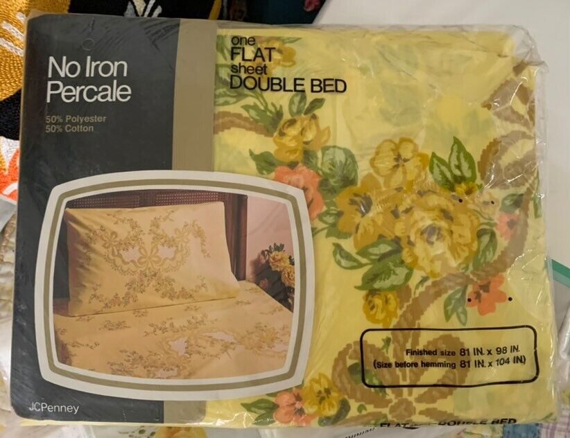 Vintage Full Double Flat Sheet Yellow Floral JC Penney 1970s Percale