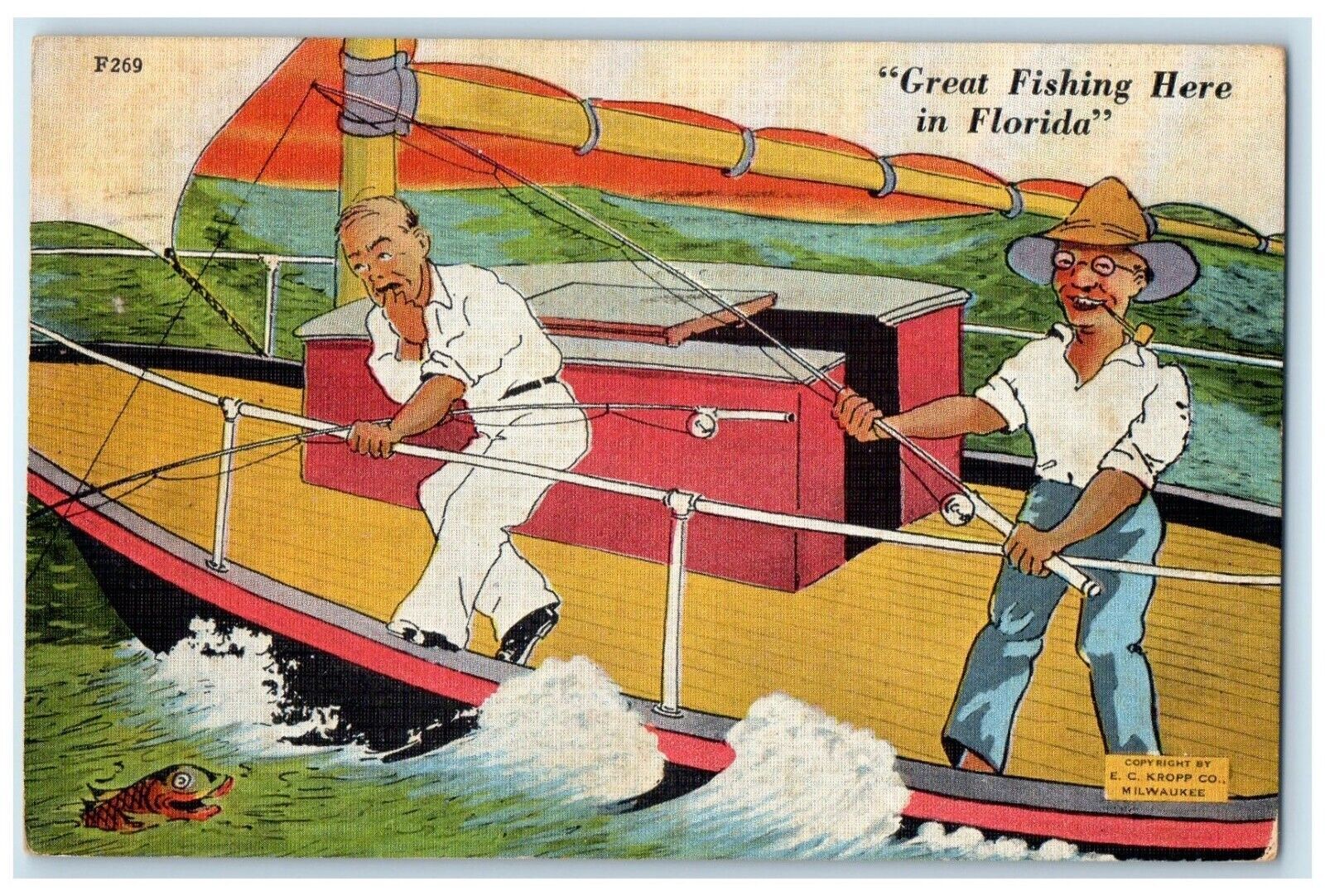 1938 Great Fishing Here In Florida Fisherman Pipe Hialeah FL Vintage Postcard