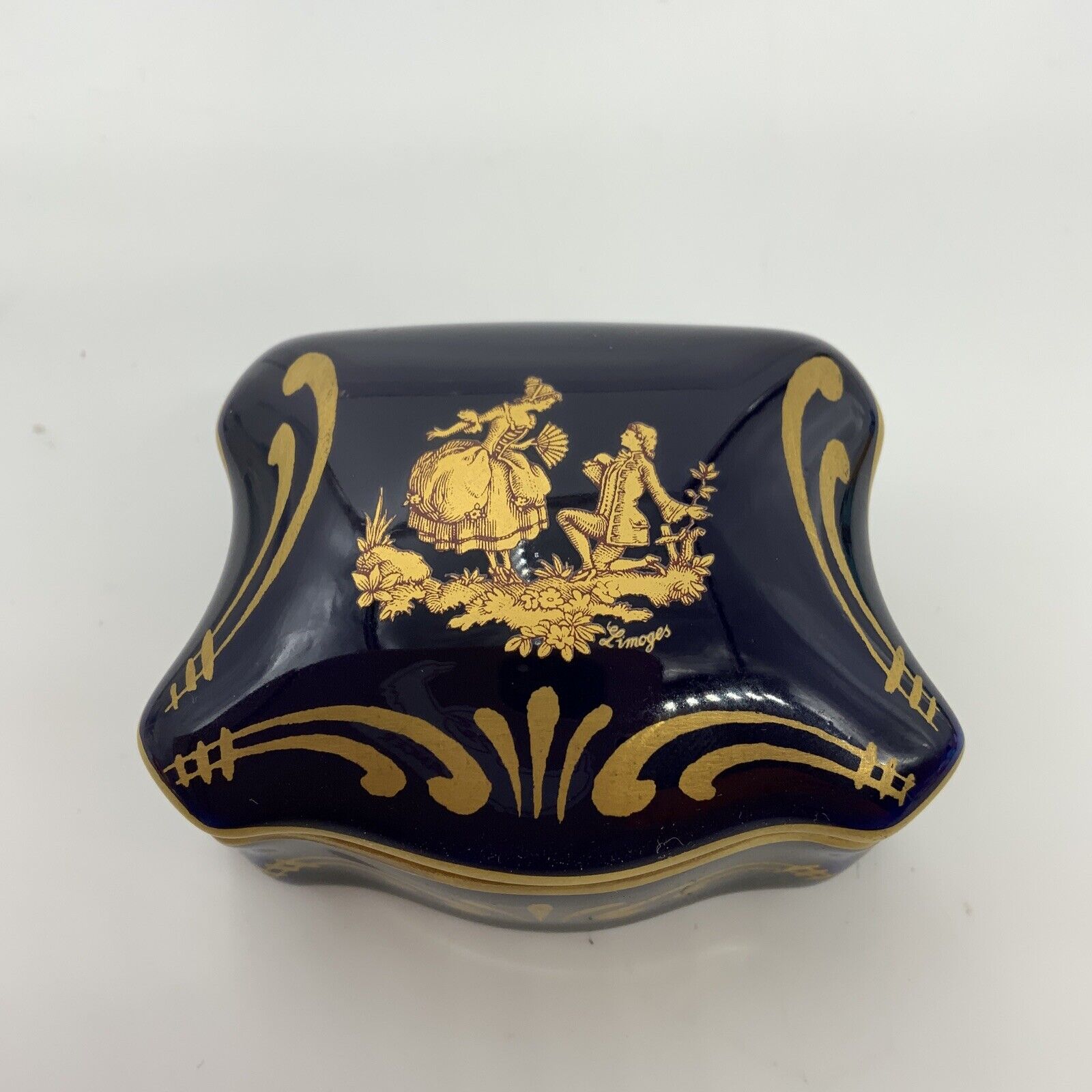 Limoges Trinket Box Porcelain Roger & Gallet Paris Blue Gold Courting Scene