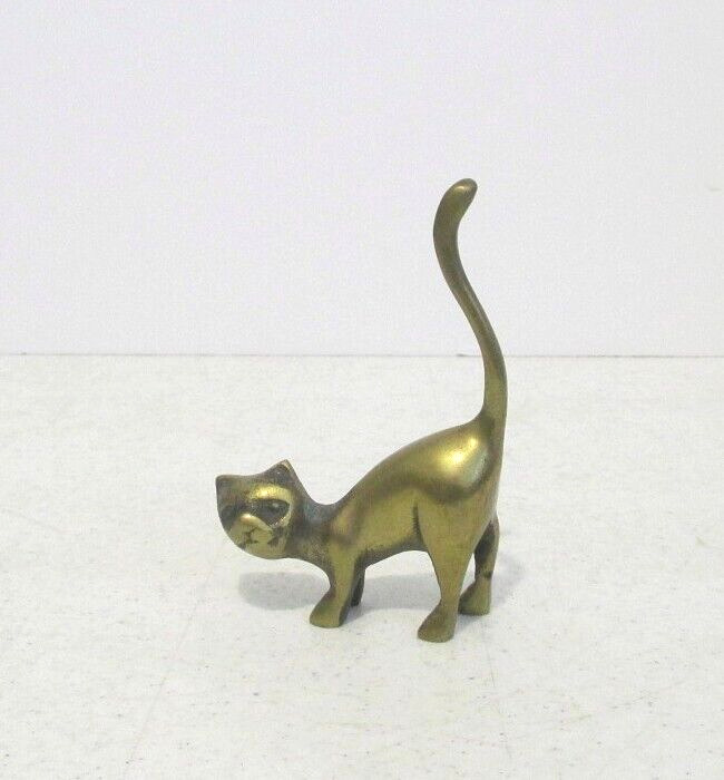 Vintage Solid Brass CAT Ring Holder Figurine Paperweight Mid Century Nice Patina