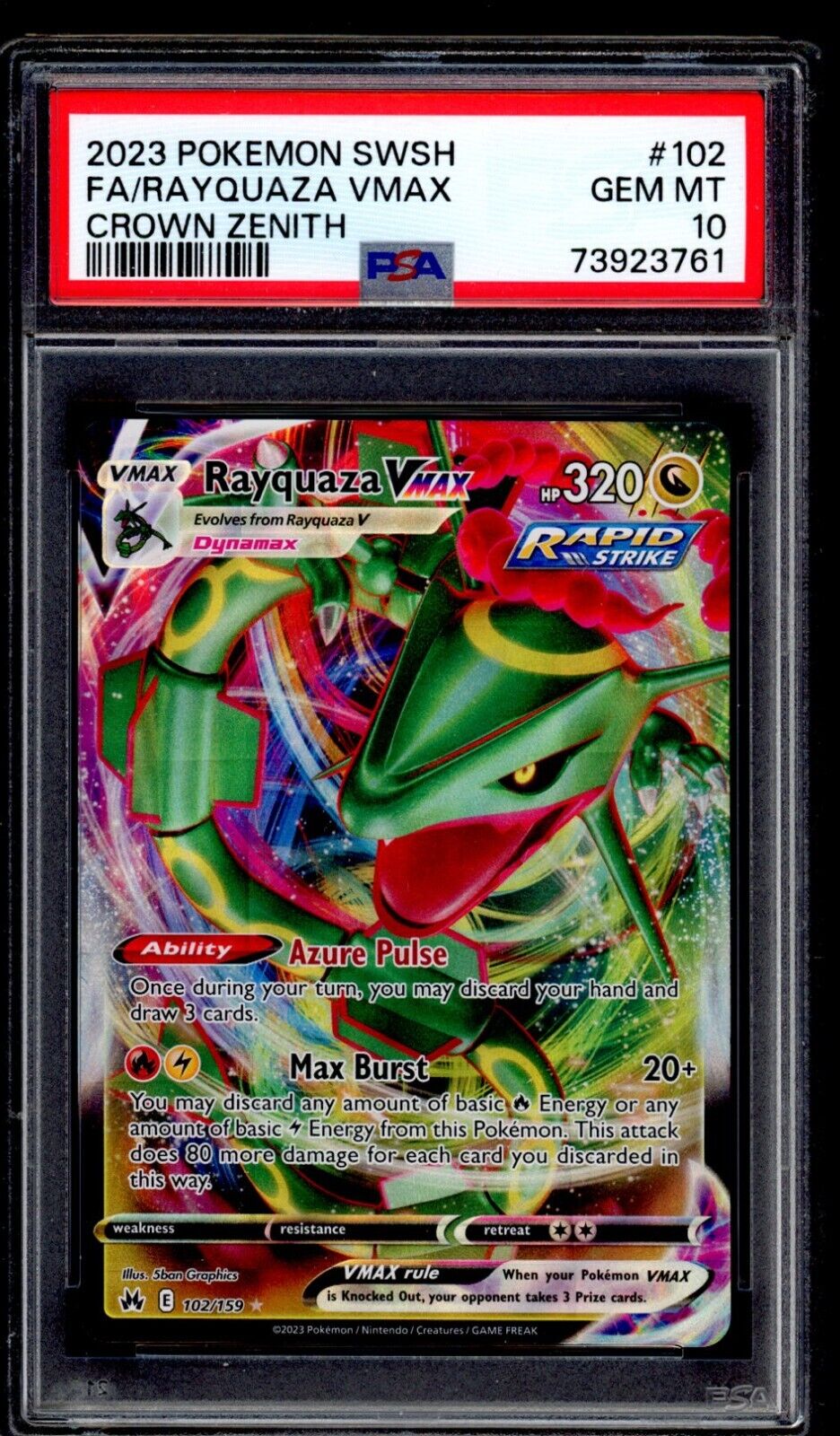 PSA 10 Rayquaza Vmax 2023 Pokemon Card 102/159 Crown Zenith