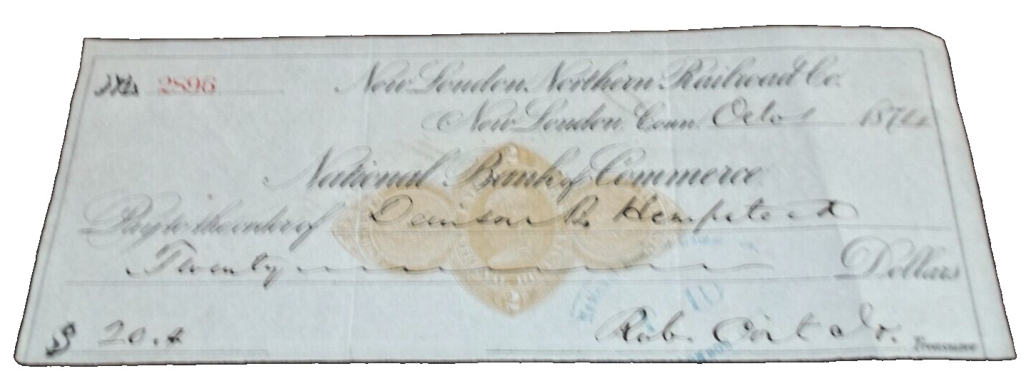 OCTOBER 1874 NEW LONDON NORTHERN COMPANY CHECK #2896 CENTRAL VERMONT