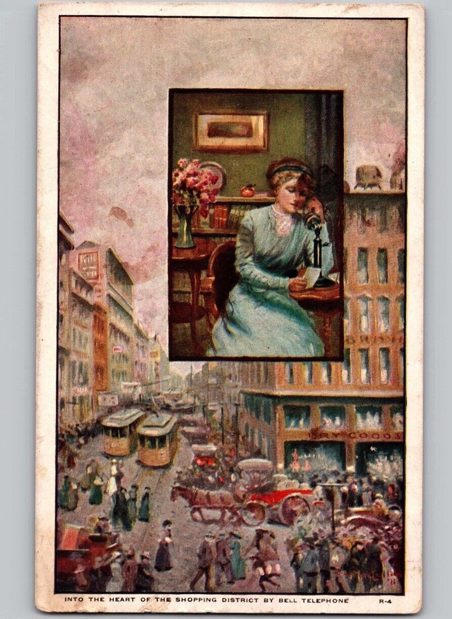 c1905 Heart Of Shopping District Street View Bell Telephone Advertising Postcard