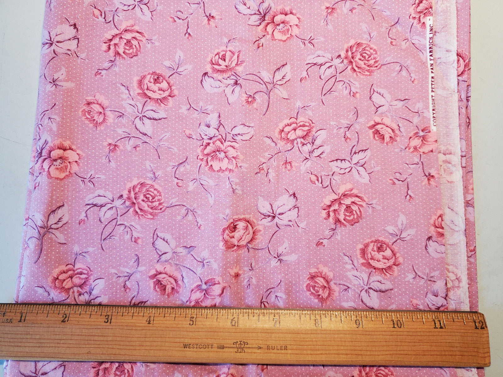 Vintage Peter Pan Brand Pink Floral Cotton Fabric Roses with Polka Dots 1+ Yards
