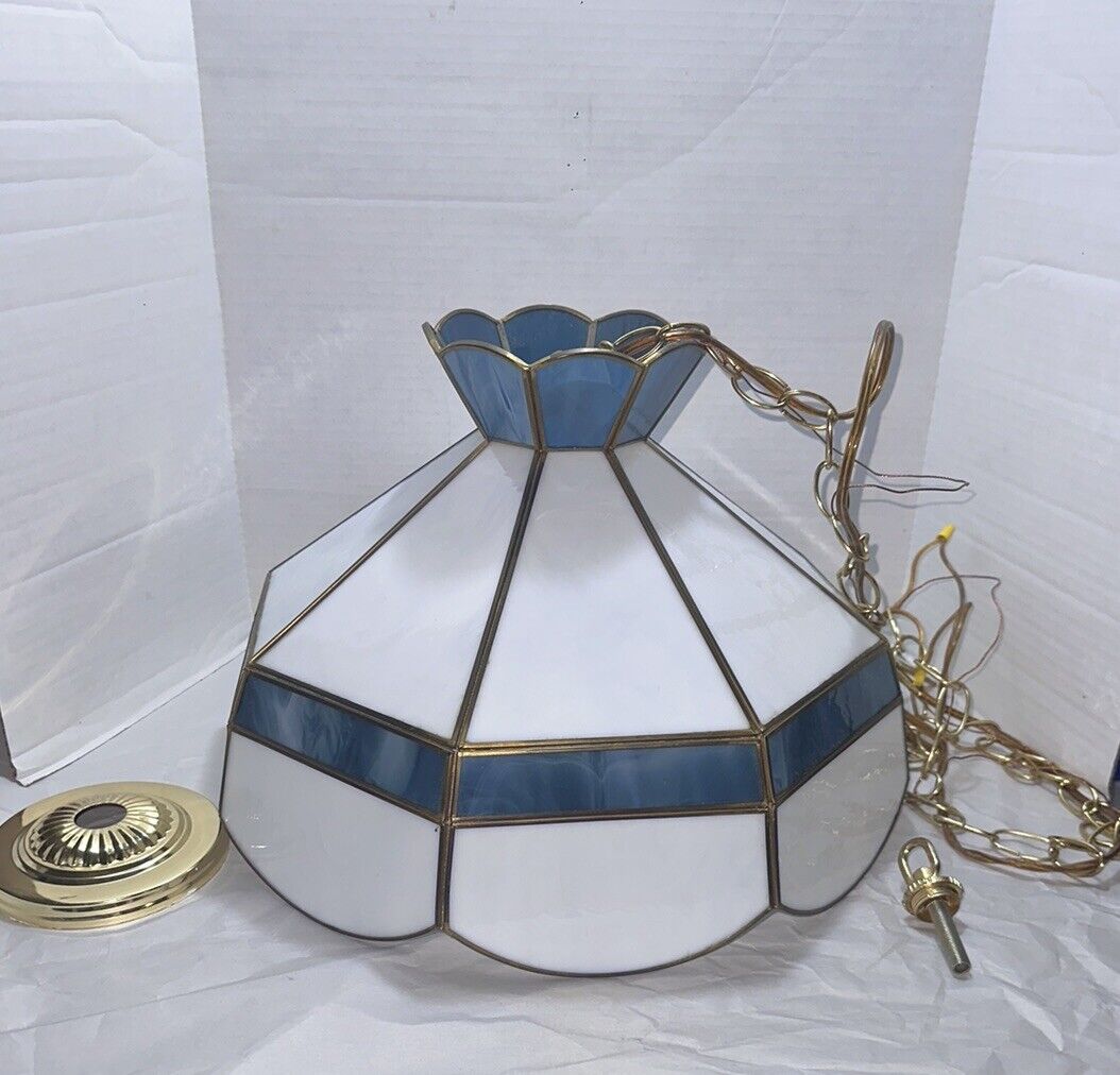 Vintage 16” Stained Slag Glass Blue & White Hanging Swag Lamp Shade Ceiling