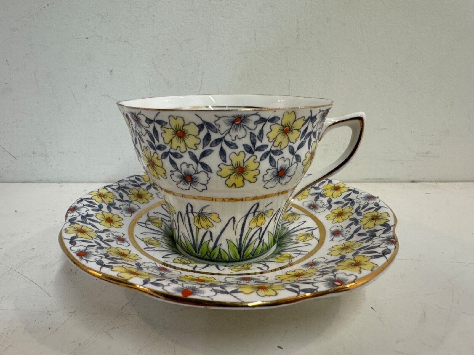 Vintage Rosina Porcelain Cup and Saucer with Yellow Floral Decorations