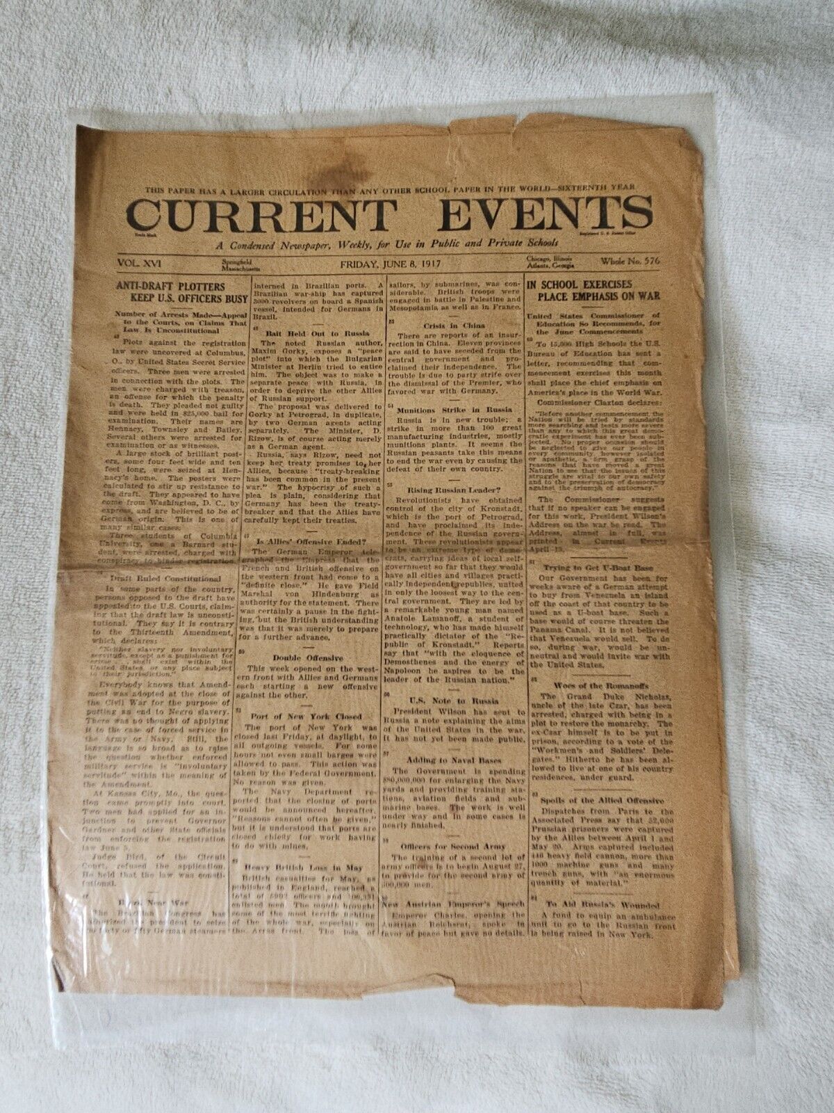 Current Events Newspaper June 8 1917 Anti Draft Plotters Keep US Officers Busy