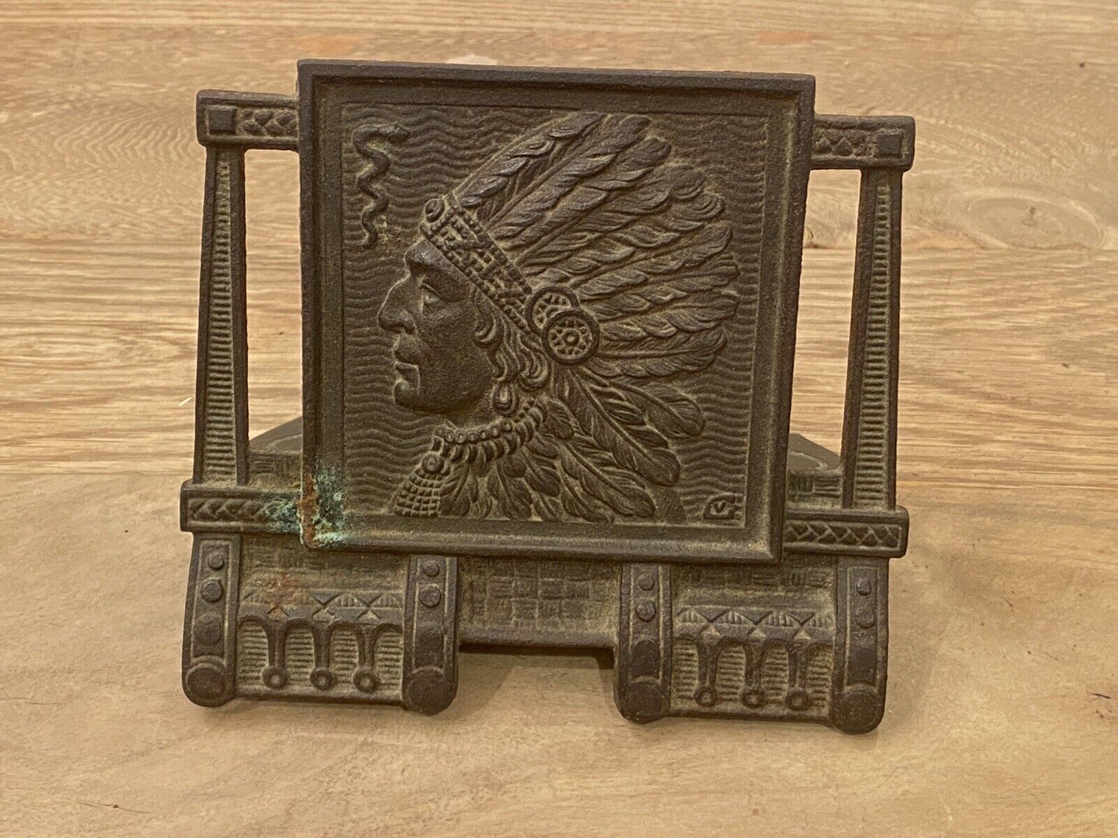 Antique Native American Indian CJO JUDD Cast Iron Napkin Half Holder Desk Wall