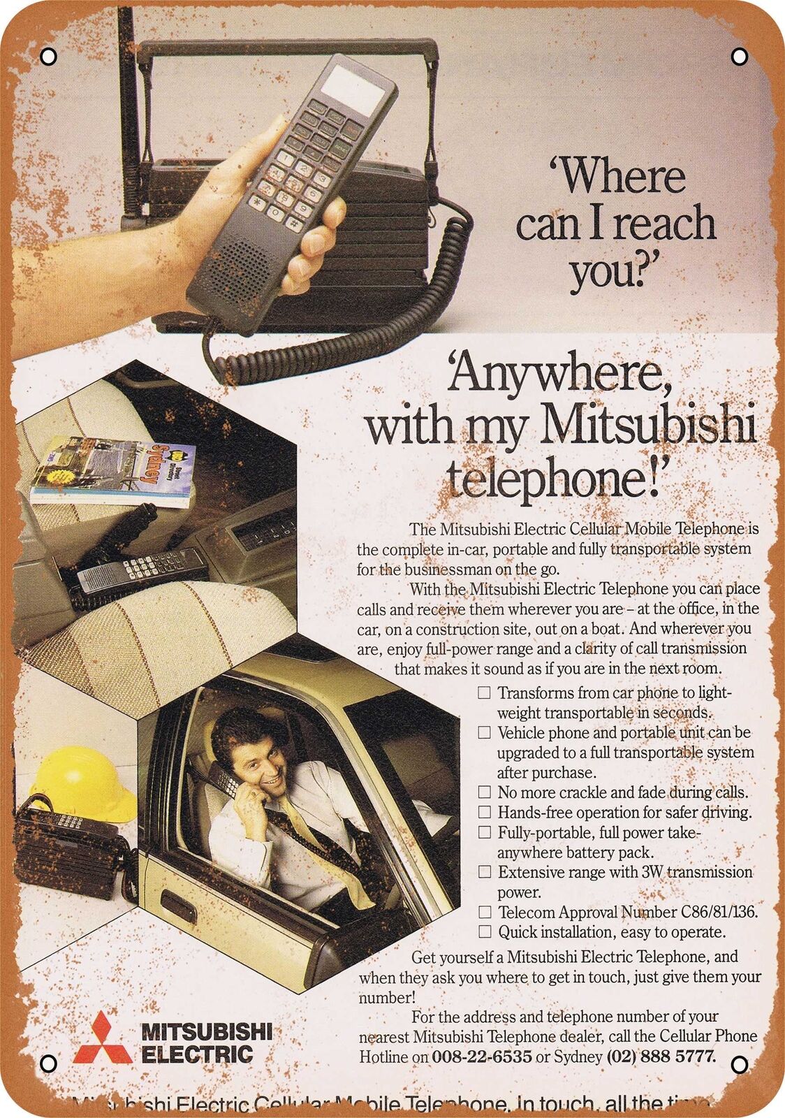 Metal Sign - 1987 Mitsubishi Cellular Mobile Phone -- Vintage Look