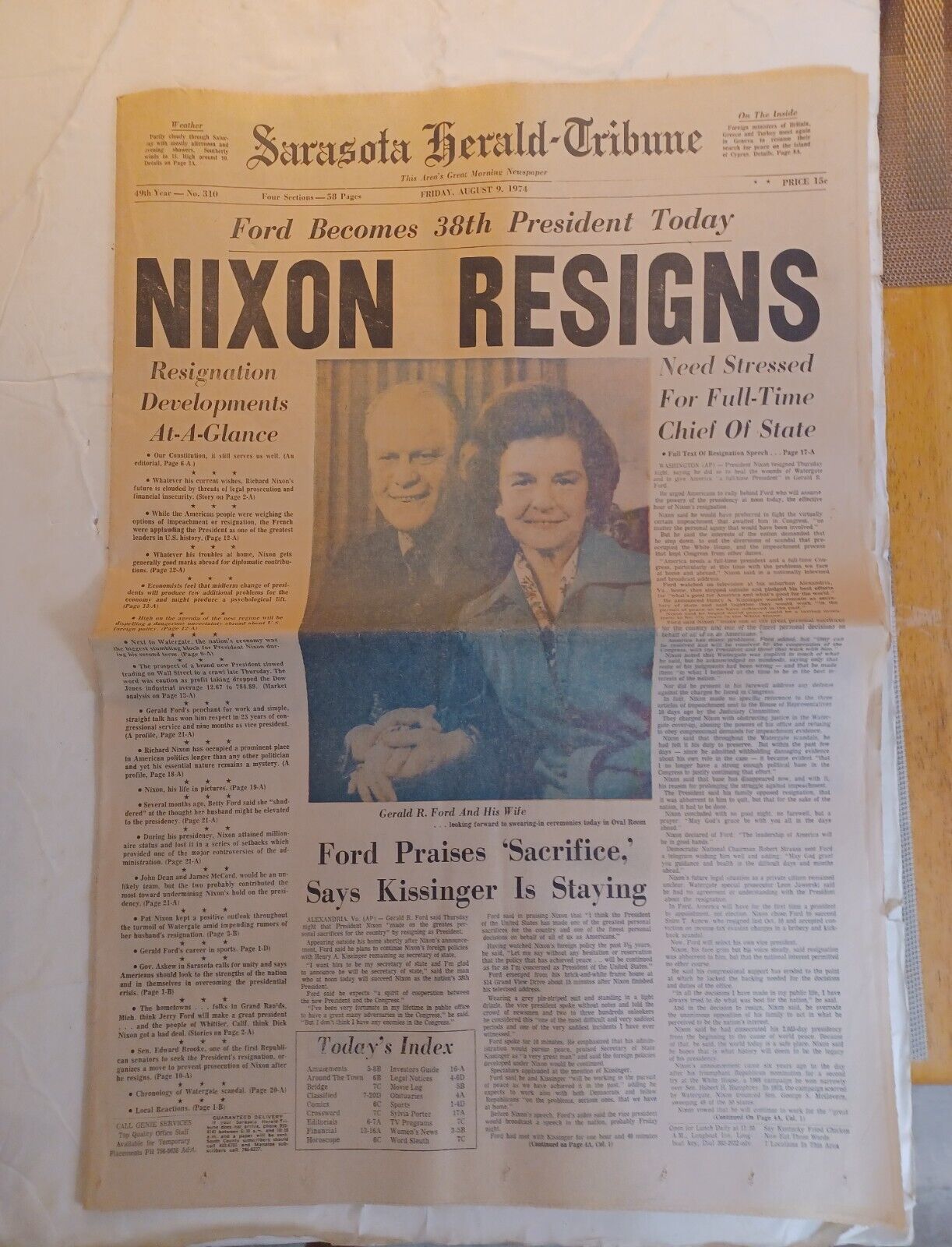 *Nixon Resigns Sarasota Herald-Tribune Newspaper/August 9th 1974 15 Cents