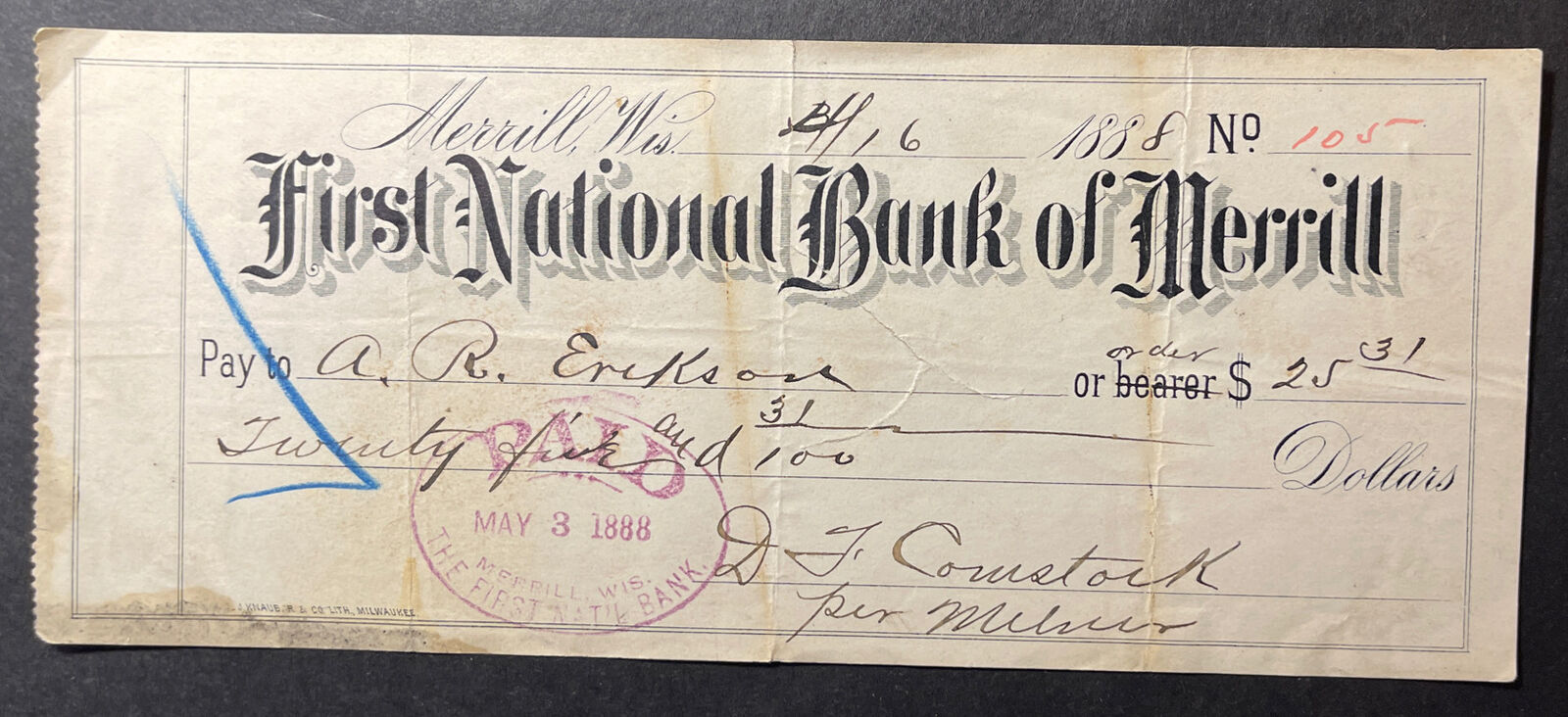 First National Bank of Merrill Wisconsin 1888 bank draft