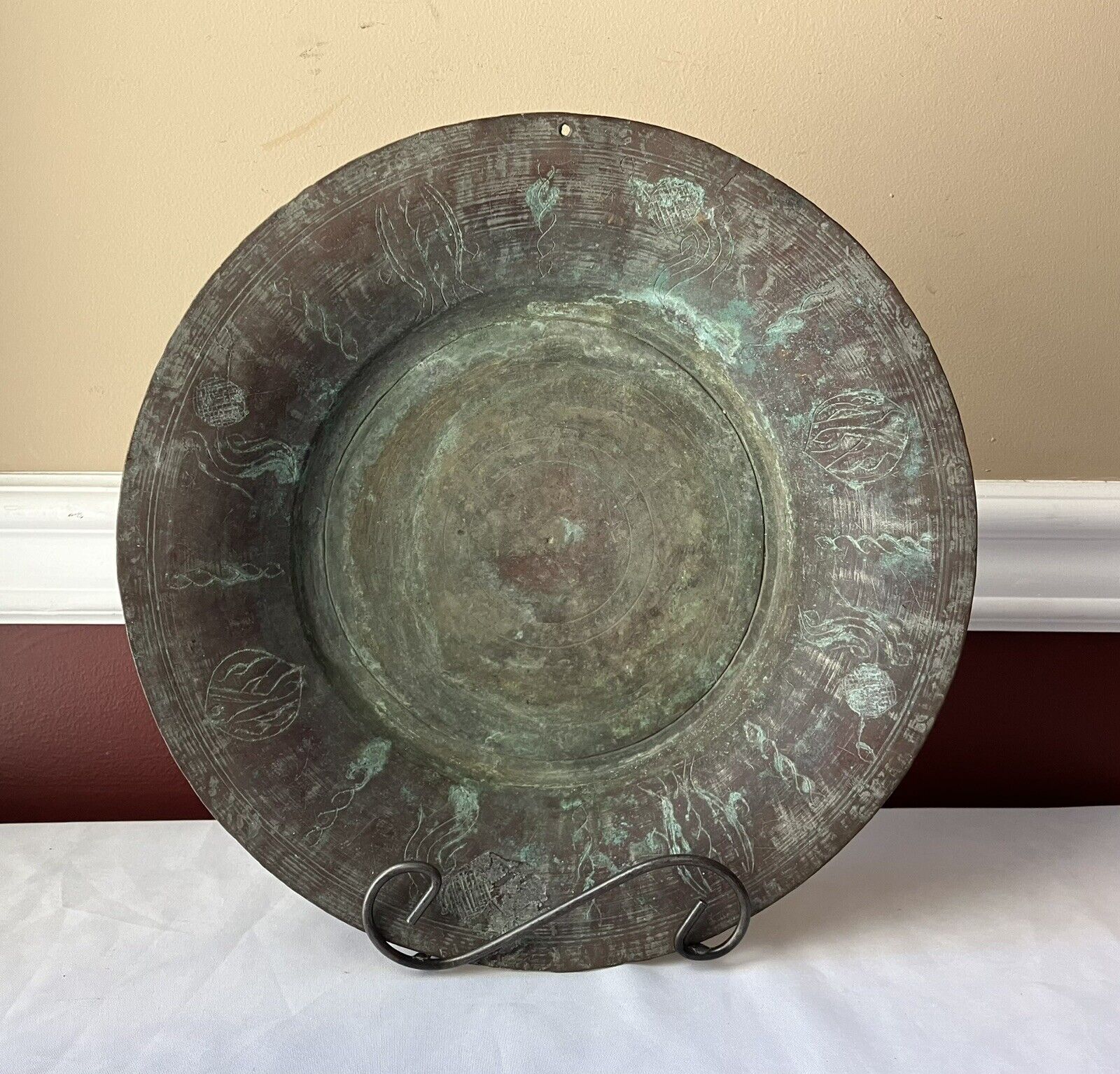 Antique Hand Hammered Etched Copper Shallow Bowl/Plate, 12 1/2\