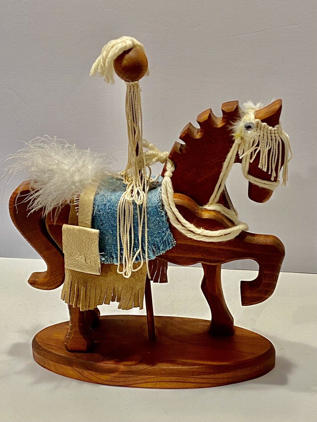 1992 Signed Wood Carousel Horse On Base Decor Natural Materials USA Handcrafted