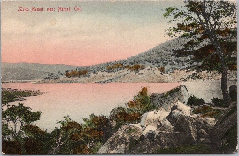 Vintage 1909 HEMET, California Hand-Colored Postcard LAKE HEMET Panorama View