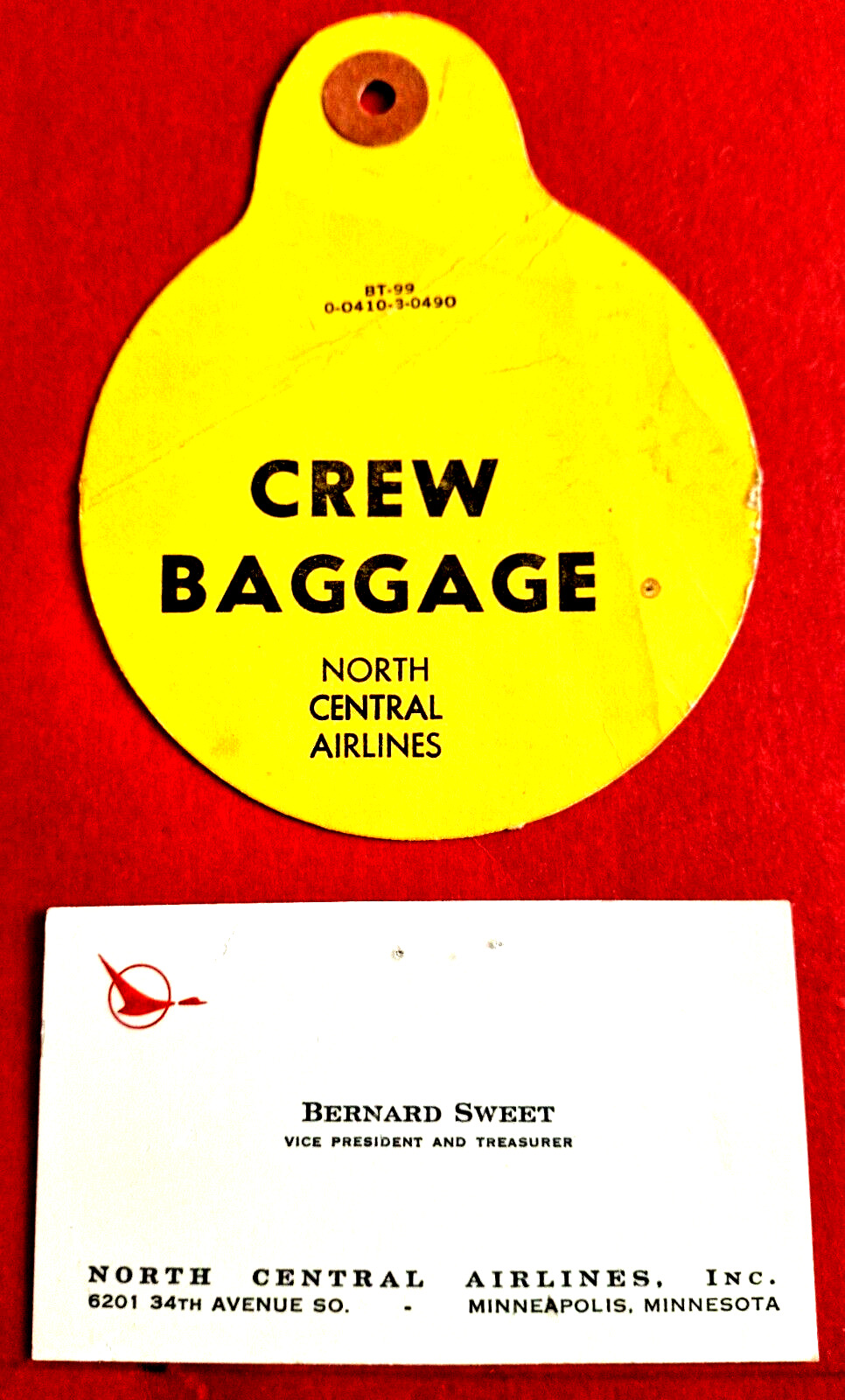 North Central Airlines CREW Baggage Tag Yellow. Unused + North Central V/P Card