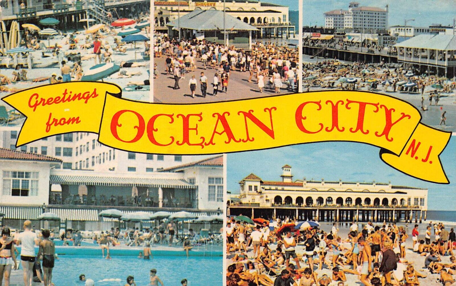 Ocean City NJ New Jersey Multi View Banner Beach Pool Bikini Vtg Postcard N2