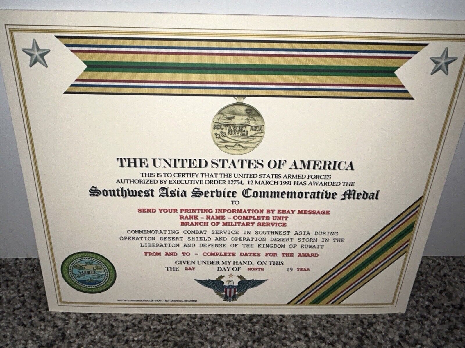 SOUTHWEST ASIA SERVICE MEDAL COMMEMORATIVE CERTIFICATE ~ W/PRINTING TYPE-1