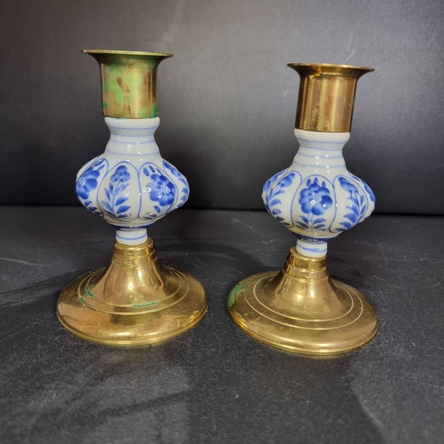 Vintage Delft Style Porcelain and Brass Candlestick Holders, a Pair