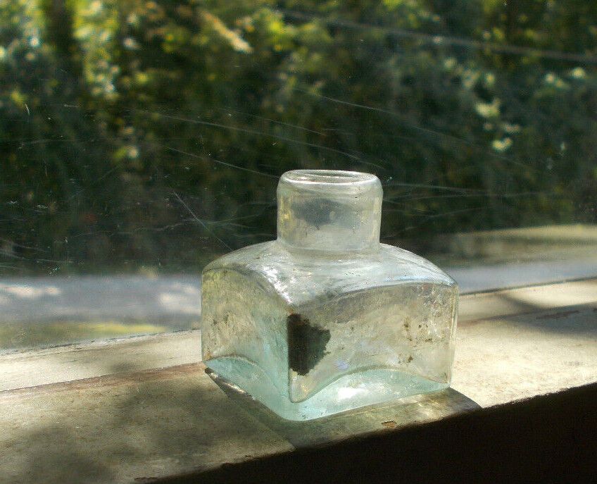OPEN PONTIL SMALL SQUARE INK BOTTLE DUG IN 1850 PRIVY SCARCE SIZE ROLLED LIP