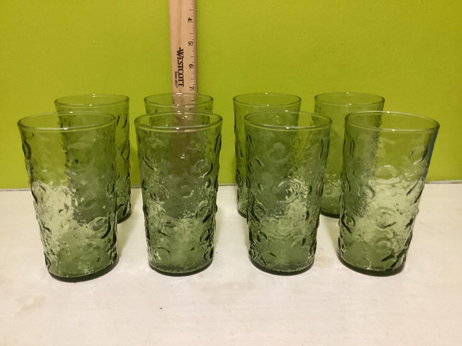 VINTAGE   60’s TUMBLER BUBBLE CRATER TEXTURED GLASS ( Avocado Green).  Set Of 8.