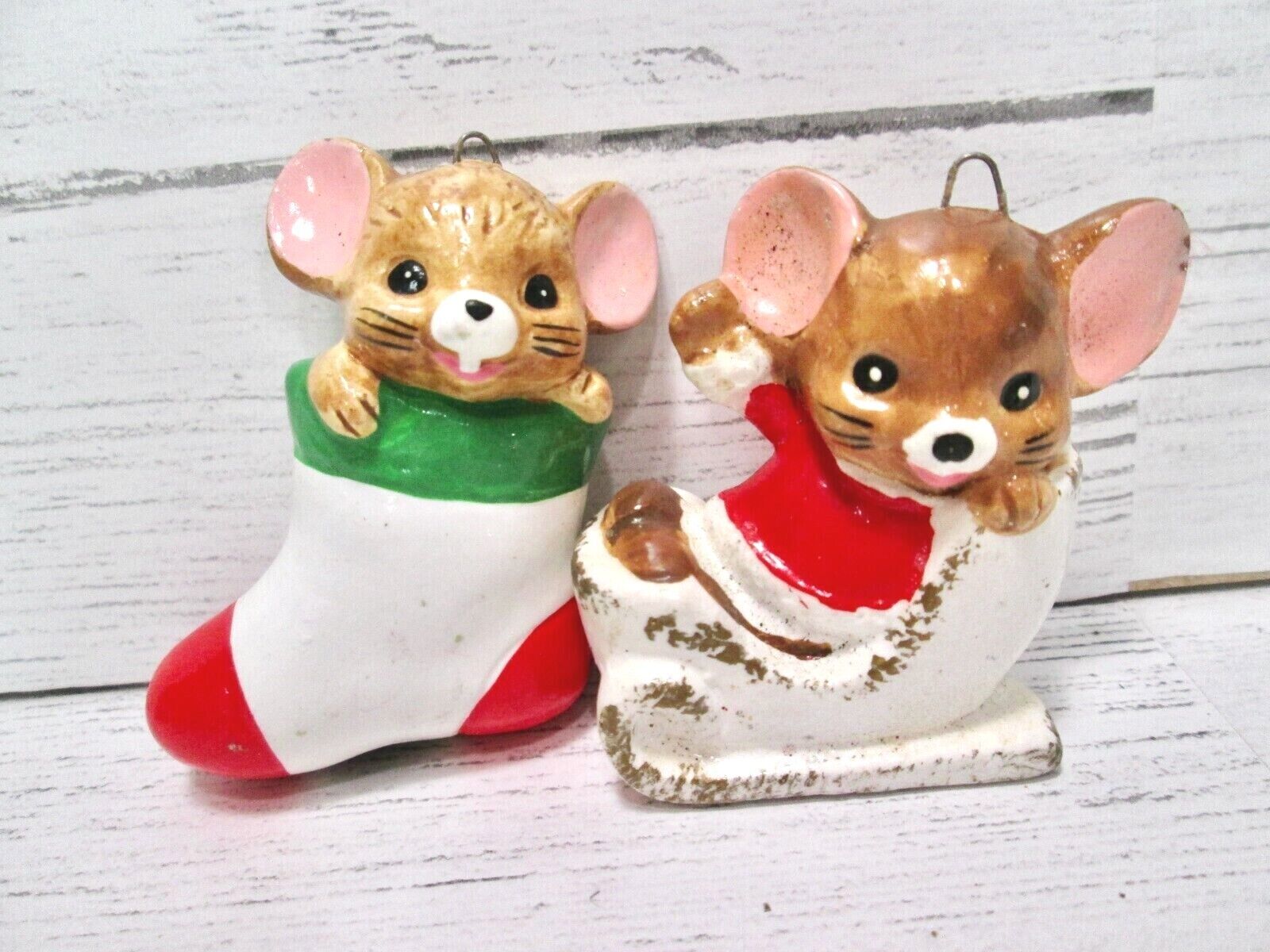 Vintage Mouse in Stocking Sleigh Christmas Ornament Lot Pair Ceramic GHC Japan