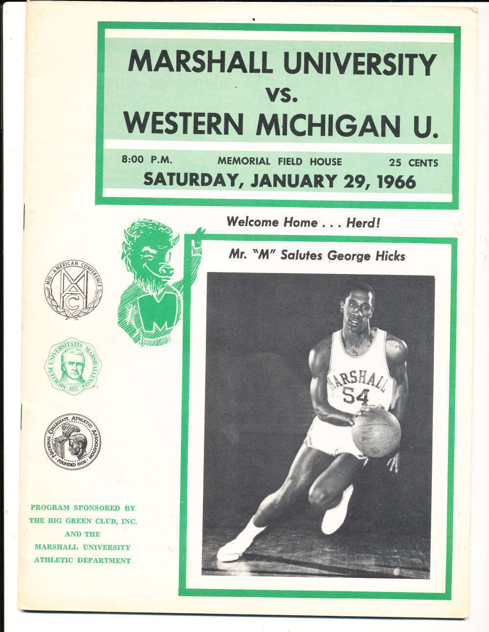1/29 1966 Marshall vs Western Michigan basketball program bk11