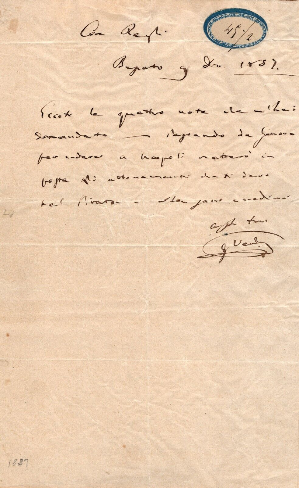 Giuseppe Verdi - Autograph Letter Signed - Italian Composer - 19th Century LOA