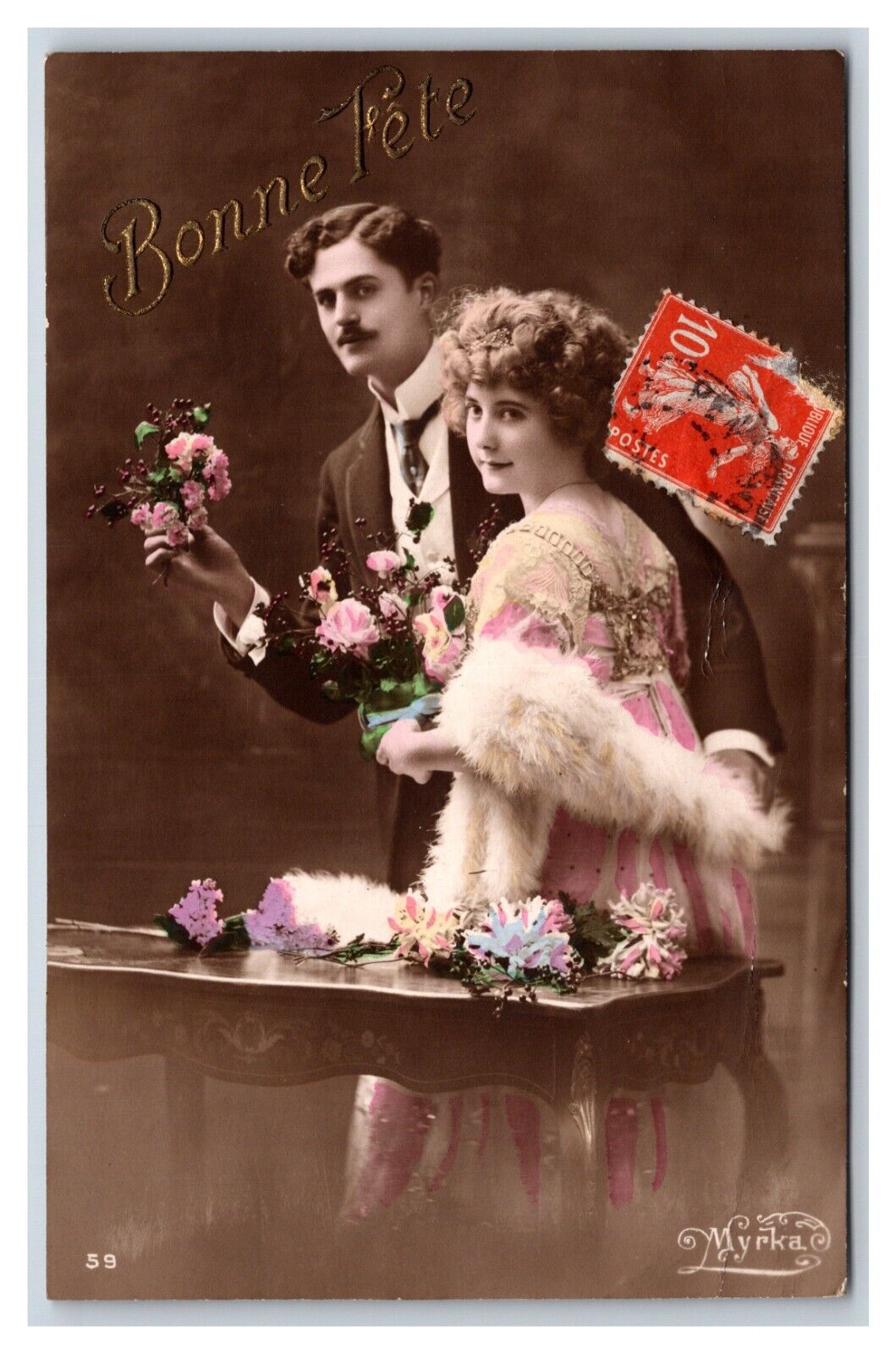 RPPC Tinted Beatiful Woman and Man w Flowers Bonne Annee New Year  Postcard U22