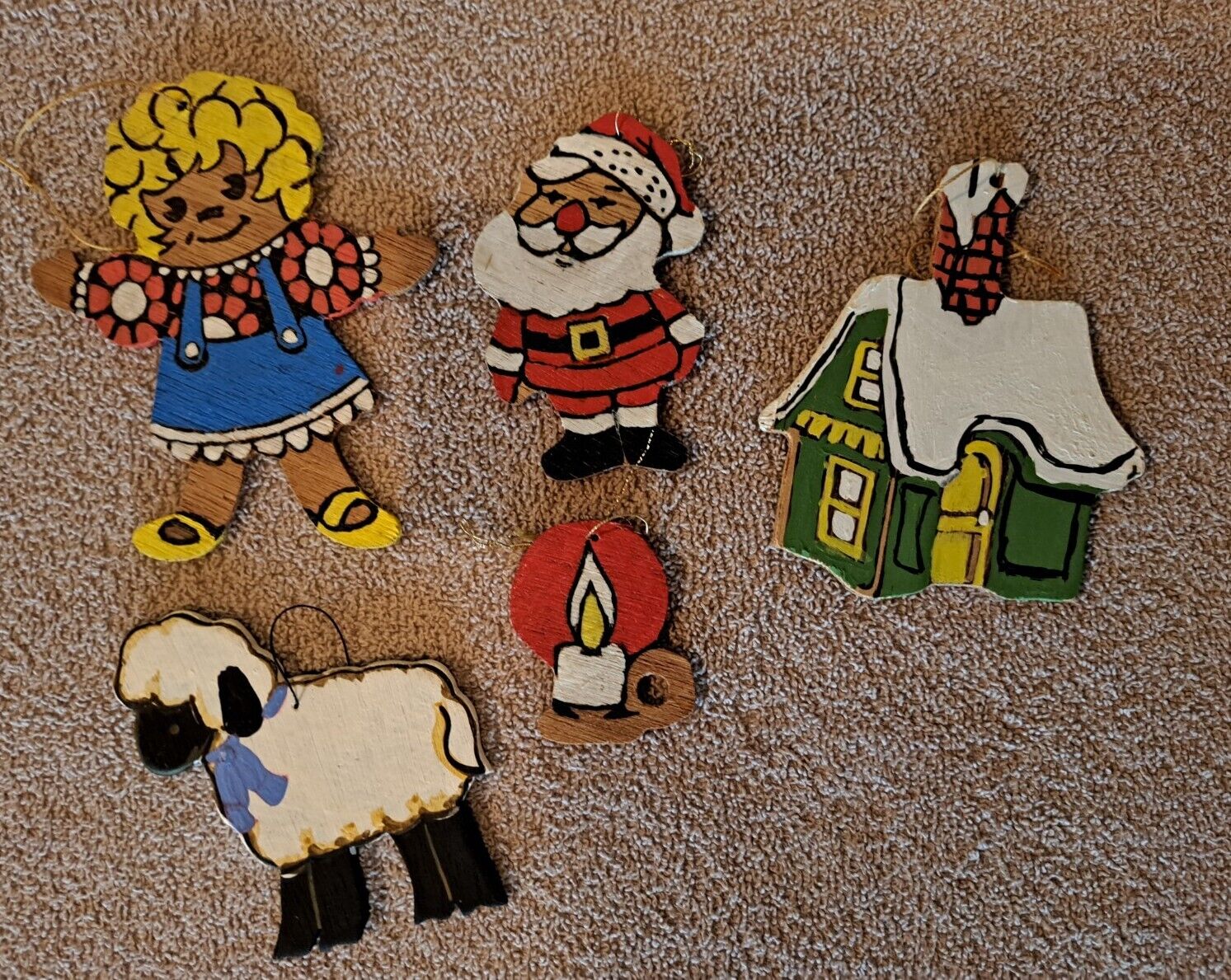 Vtg Wooden Christmas Ornaments Hand Painted Set 5 Doll Santa Candle House Sheep