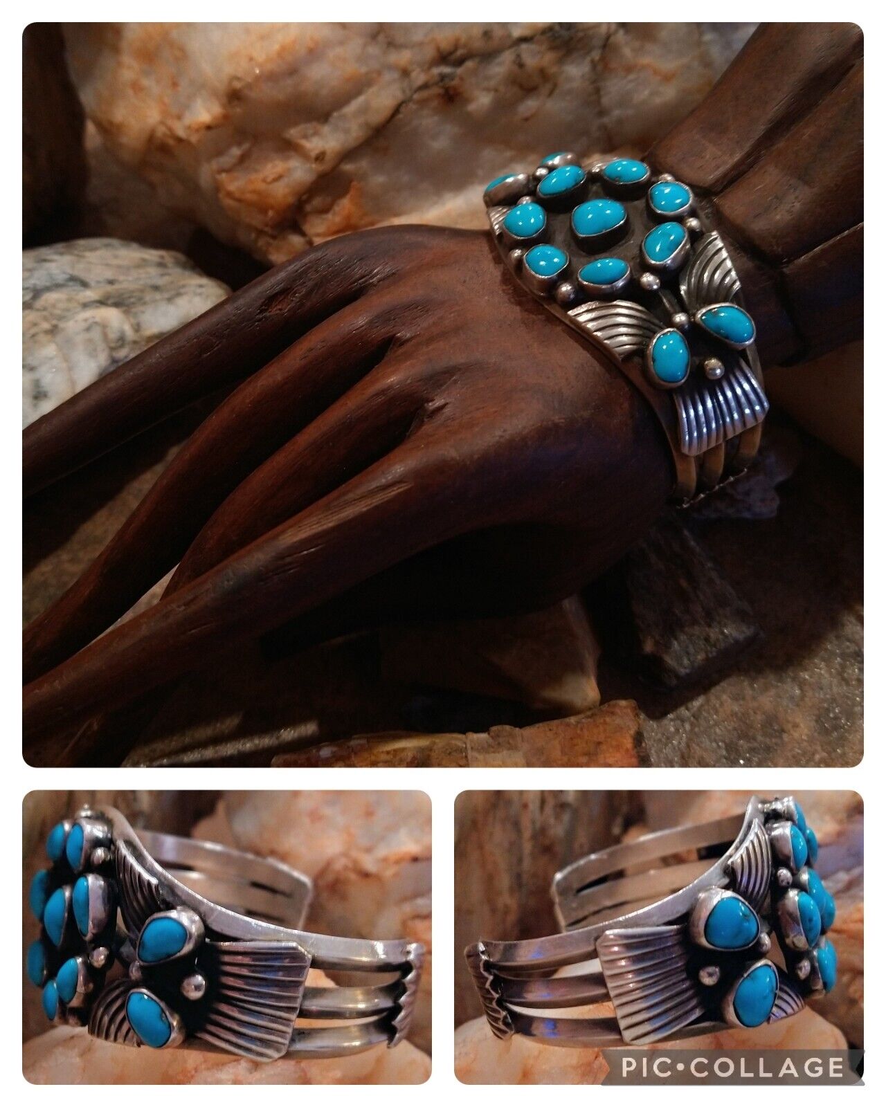 VINTAGE Navajo “BLUE GEM TURQUOISE” 12-Stone STERLING SILVER CLUSTER CUFF