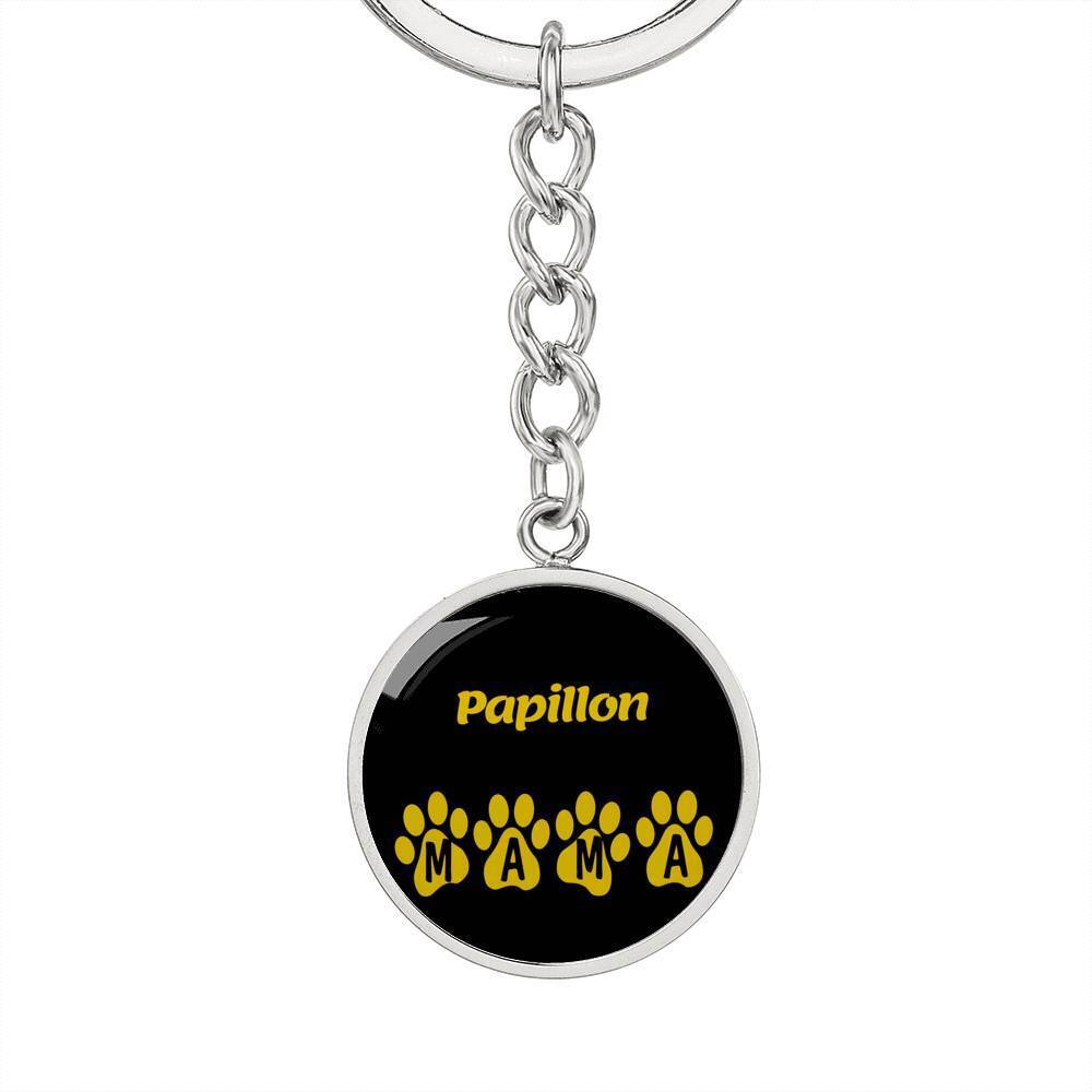 Papillon Mama Circle Keychain Stainless Steel or 18k Gold Dog Mom Pendant