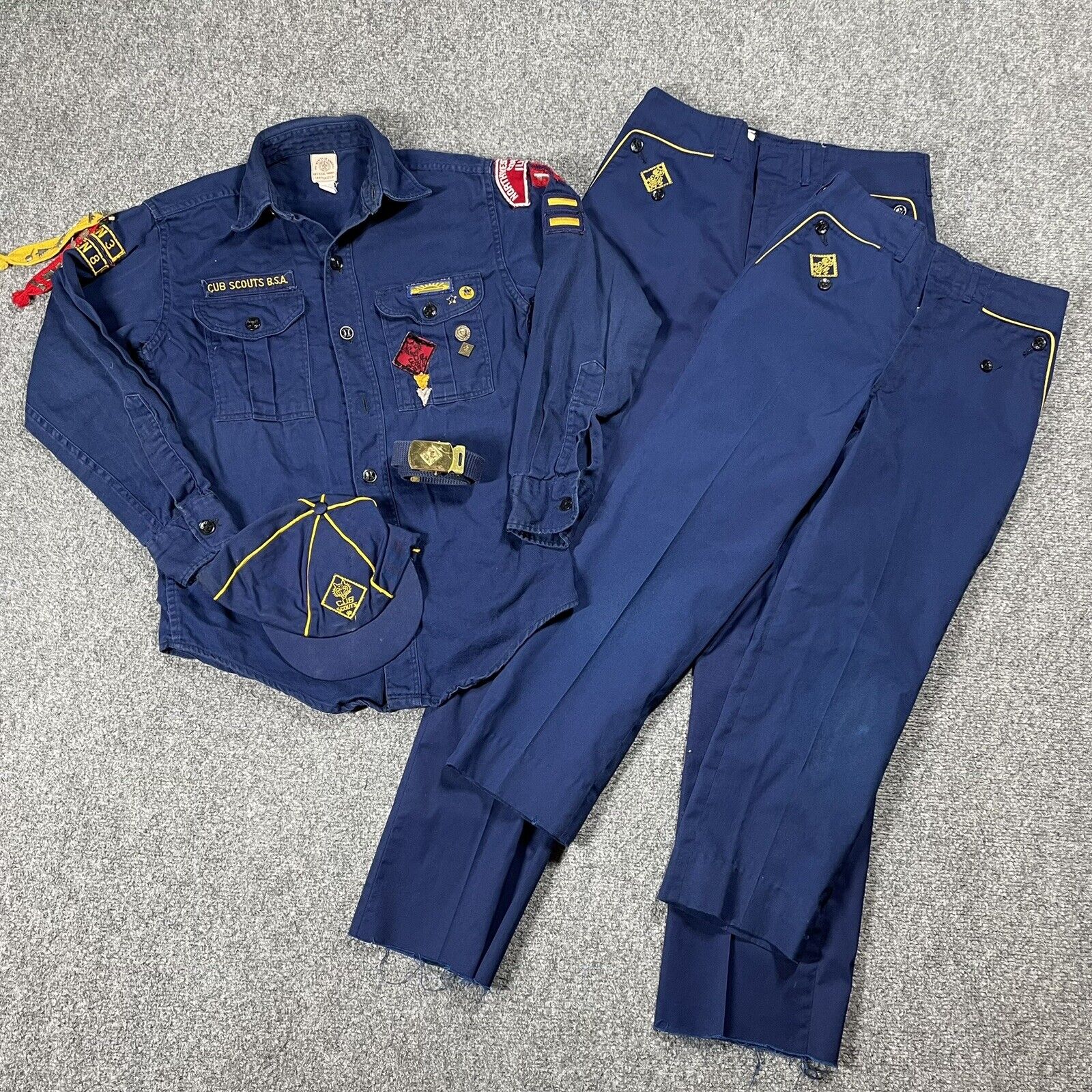 VINTAGE 60s Cub Scouts BSA Full Uniform Patches Shirt Hat Pants Belt Illinois