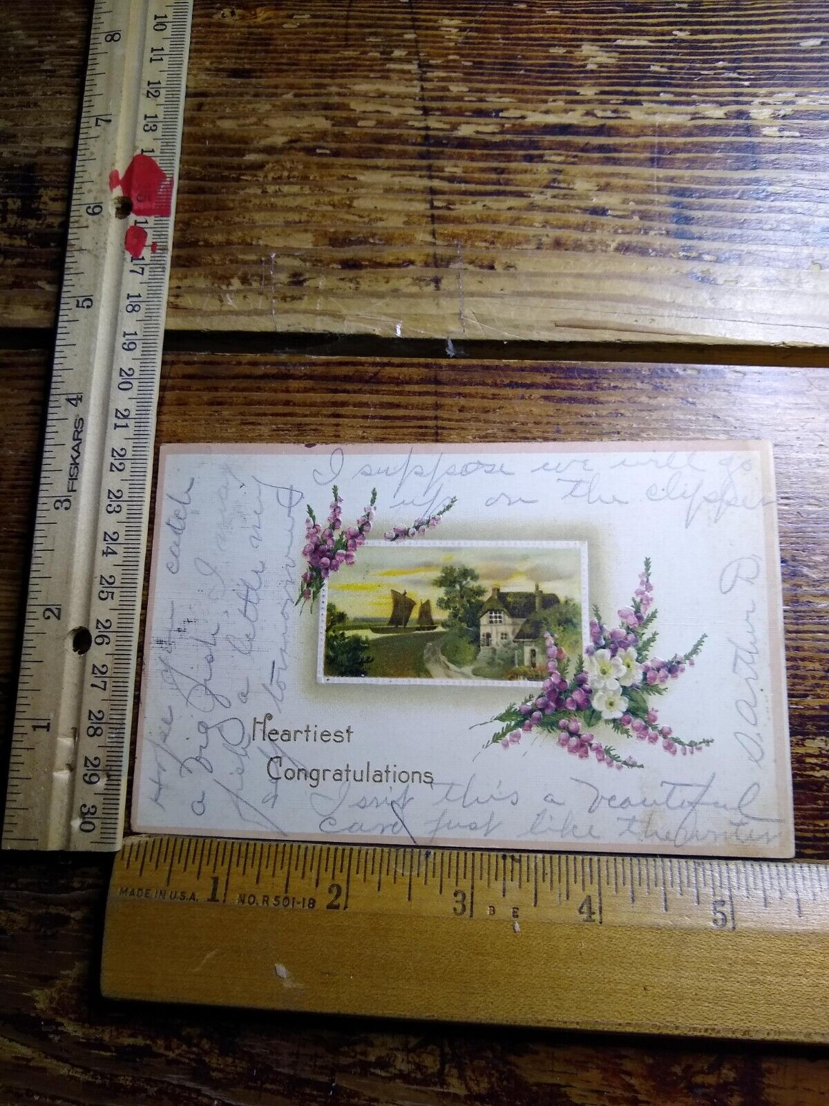 Postcard Embossed Flowers & Rural Scene Print - Heartiest Congratulations