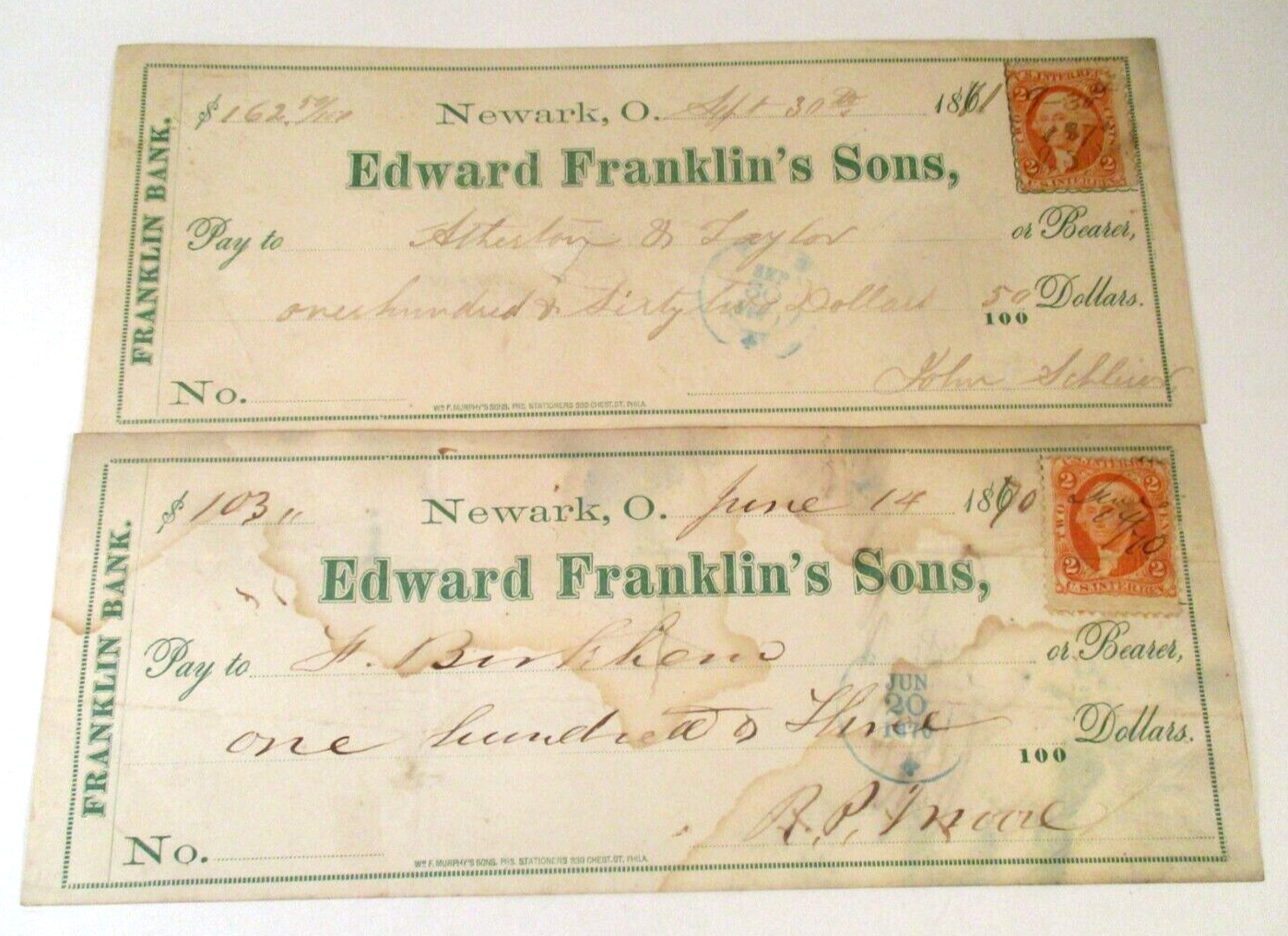 1870 1871 EDWARD FRANKLIN\'S SONS FRANKLIN BANK NEWARK OH USED CHECKS