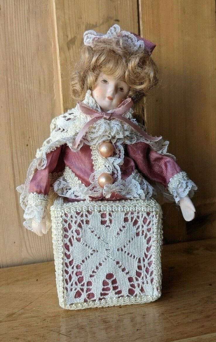 PINK JESTER, JACK IN THE MUSIC BOX..PORCELAIN, RAG DOLL, DETAILED EMBROIDERY
